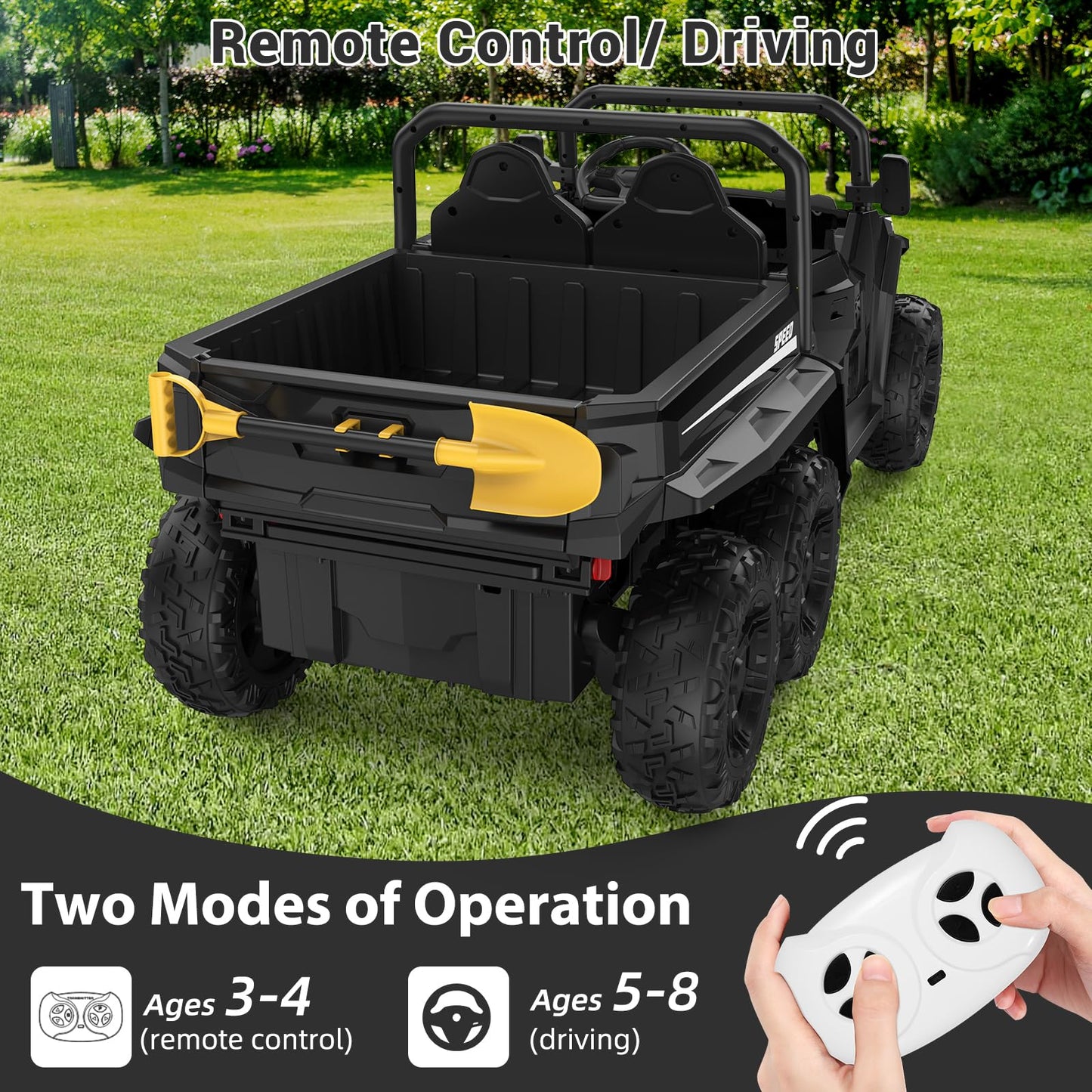Garvee Ride - P Series: 24V 4WD Electric Ride On Dump Truck with Remote Control, 2-Seater, Music Player, LED Lights, Key Start Safety System, Durable Plastic, Off-Road Kids Toy for Ages 3+ - Black