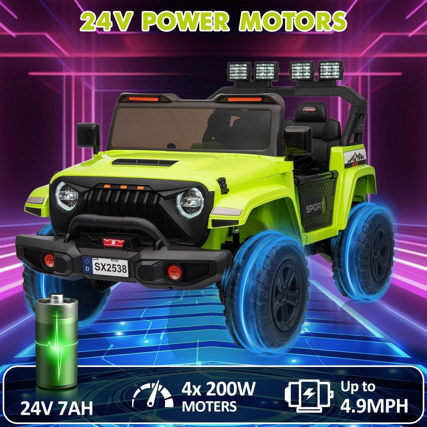 Garvee Ride - P Series: 24V Electric Ride On Car for Kids 4WD 2-Seater Extendable Body Anti-Slip Tires LED Lights Parental Remote Ages 3-8 Outdoor Adventure