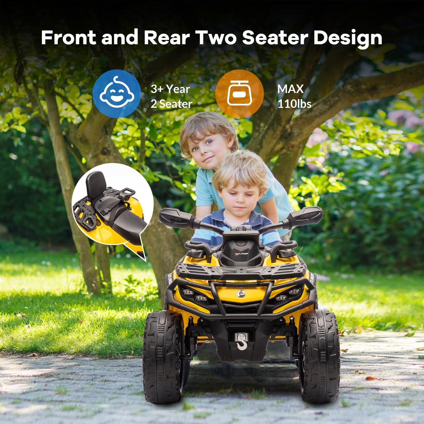 Garvee Ride - P Series: 2 Seater Ride On Car 24V 4WD Electric ATV, Leather Seats, Safety Belt, Bluetooth, Adjustable Speed, Yellow, Outdoor Adventure - Yellow