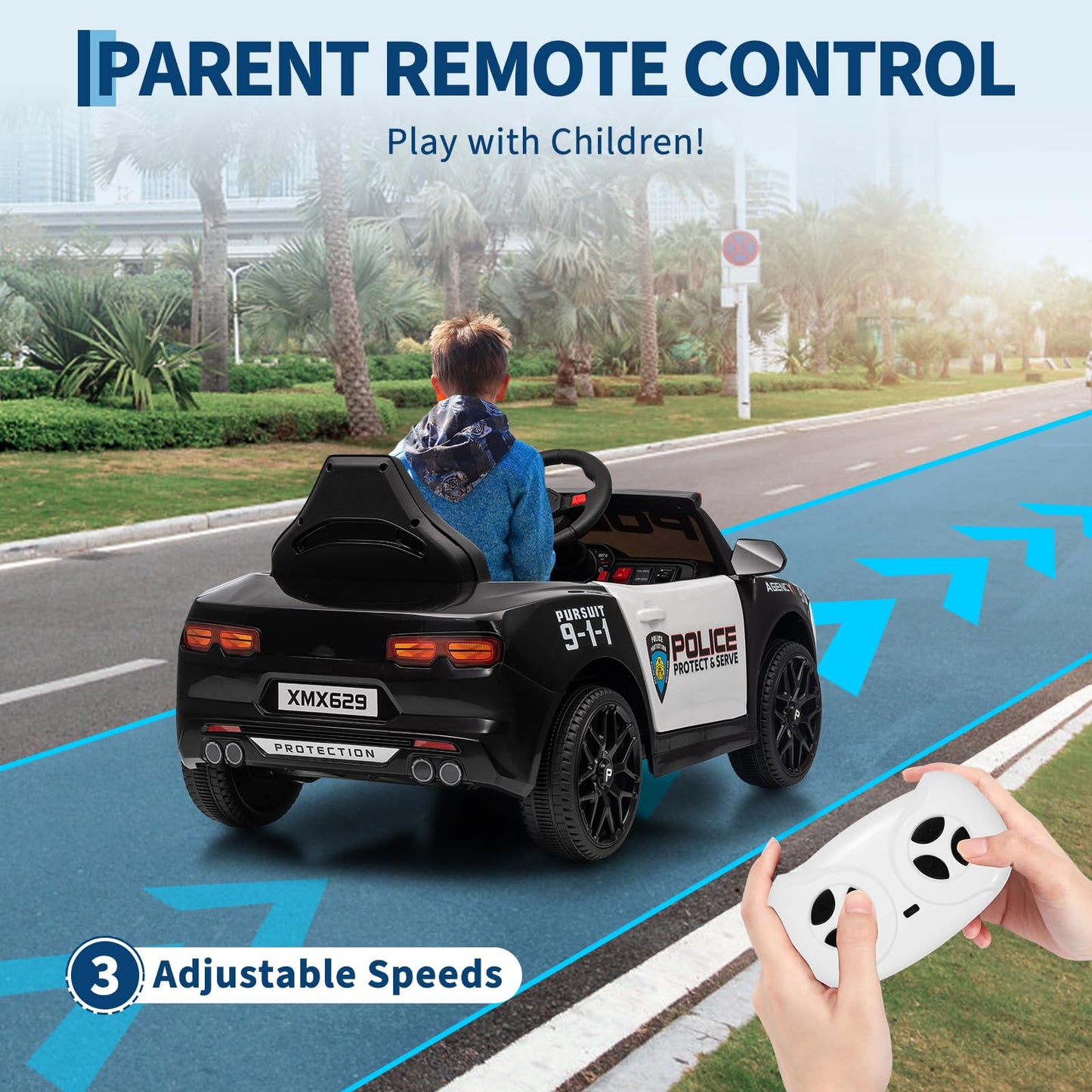 Garvee Ride - P Series: 12V Police Car Ride-On Toy for Kids with Remote Control, Emergency Tones, Megaphone, Flashing Lights, Spring Suspension, Music, Safe Buckle Locks, Quick Assembly