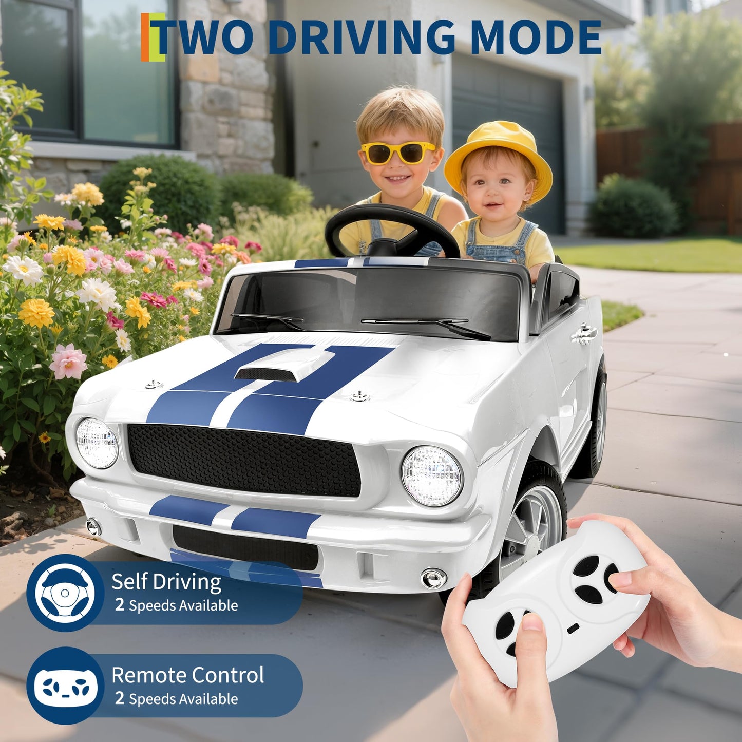 Garvee Ride - P Series: 24V 2 Seater Ride On Electric Car Shelby GT350 with Remote Control, Safety Belt, LED Lights, 2 Speeds, White - Kids Outdoor Fun