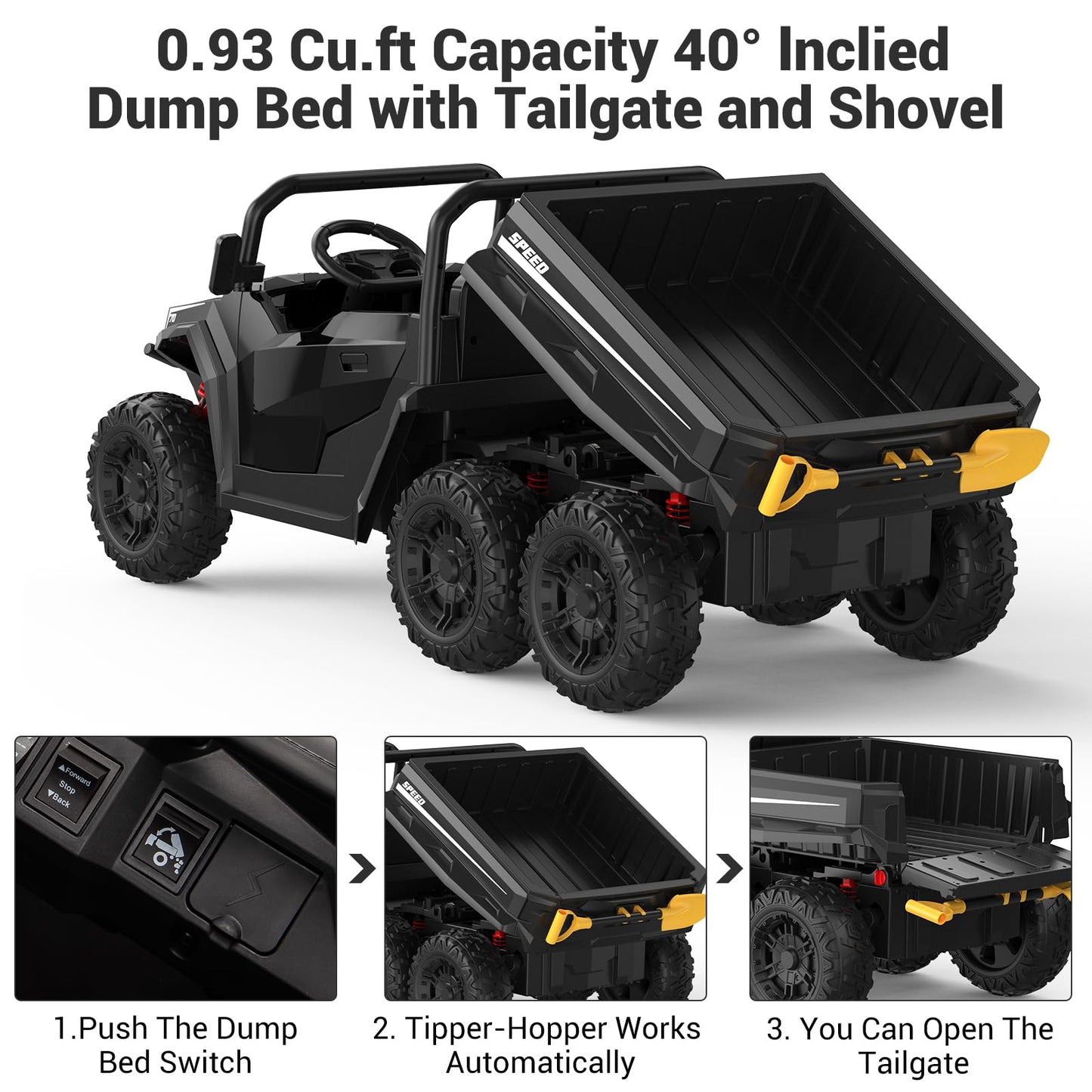 Garvee Ride - P Series: 24V 4WD Electric Ride On Dump Truck with Remote Control, 2-Seater, Music Player, LED Lights, Key Start Safety System, Durable Plastic, Off-Road Kids Toy for Ages 3+ - Black