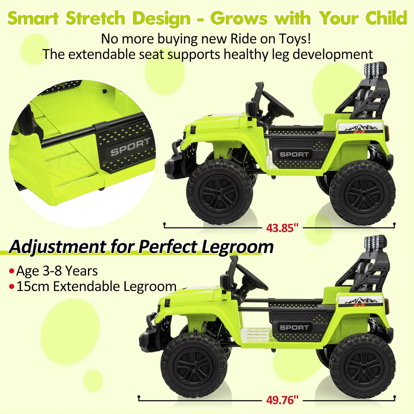 Garvee Ride - P Series: 24V Electric Ride On Car for Kids 4WD 2-Seater Extendable Body Anti-Slip Tires LED Lights Parental Remote Ages 3-8 Outdoor Adventure