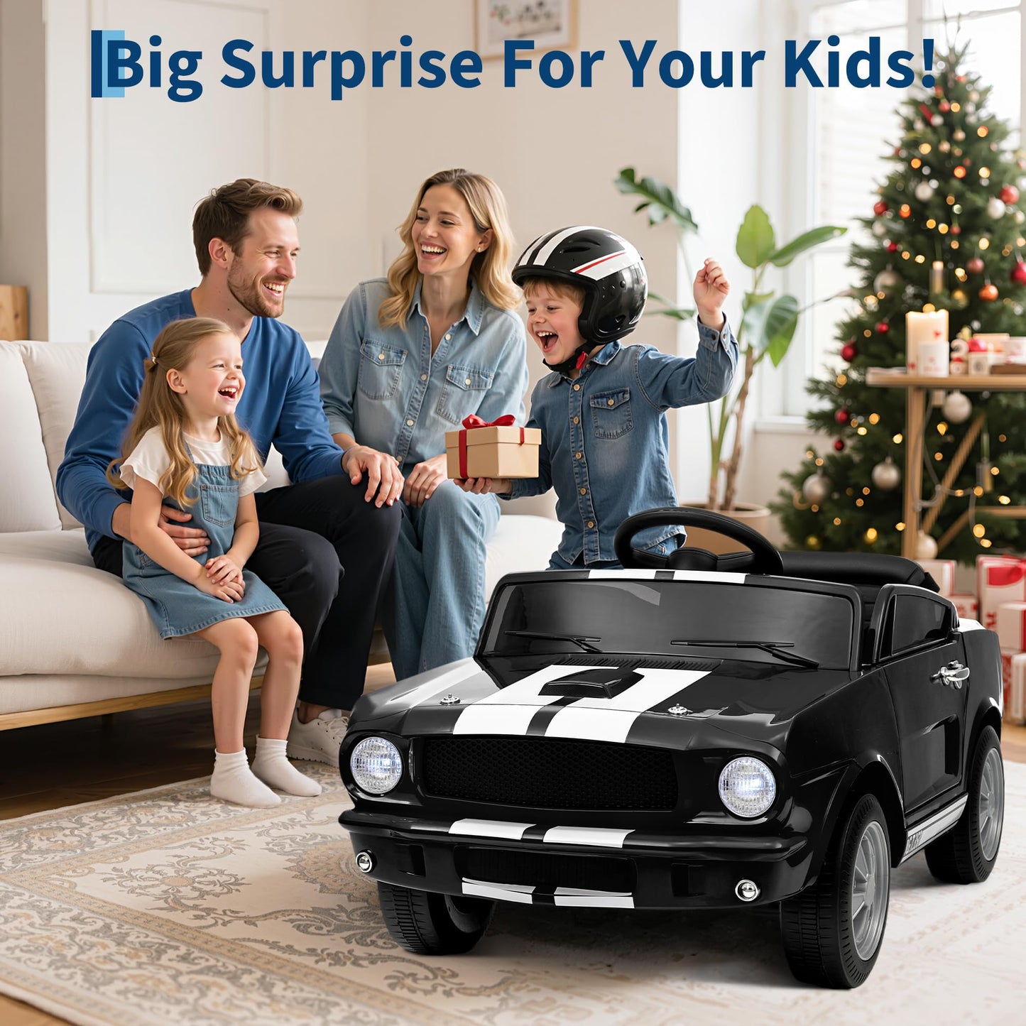 Garvee Ride - P Series: 12V Kids Ride On Car Shelby GT350 Electric Vehicle with Remote Control, LED Lights, Music, USB Port, Safety Harness, Black for Outdoor Play