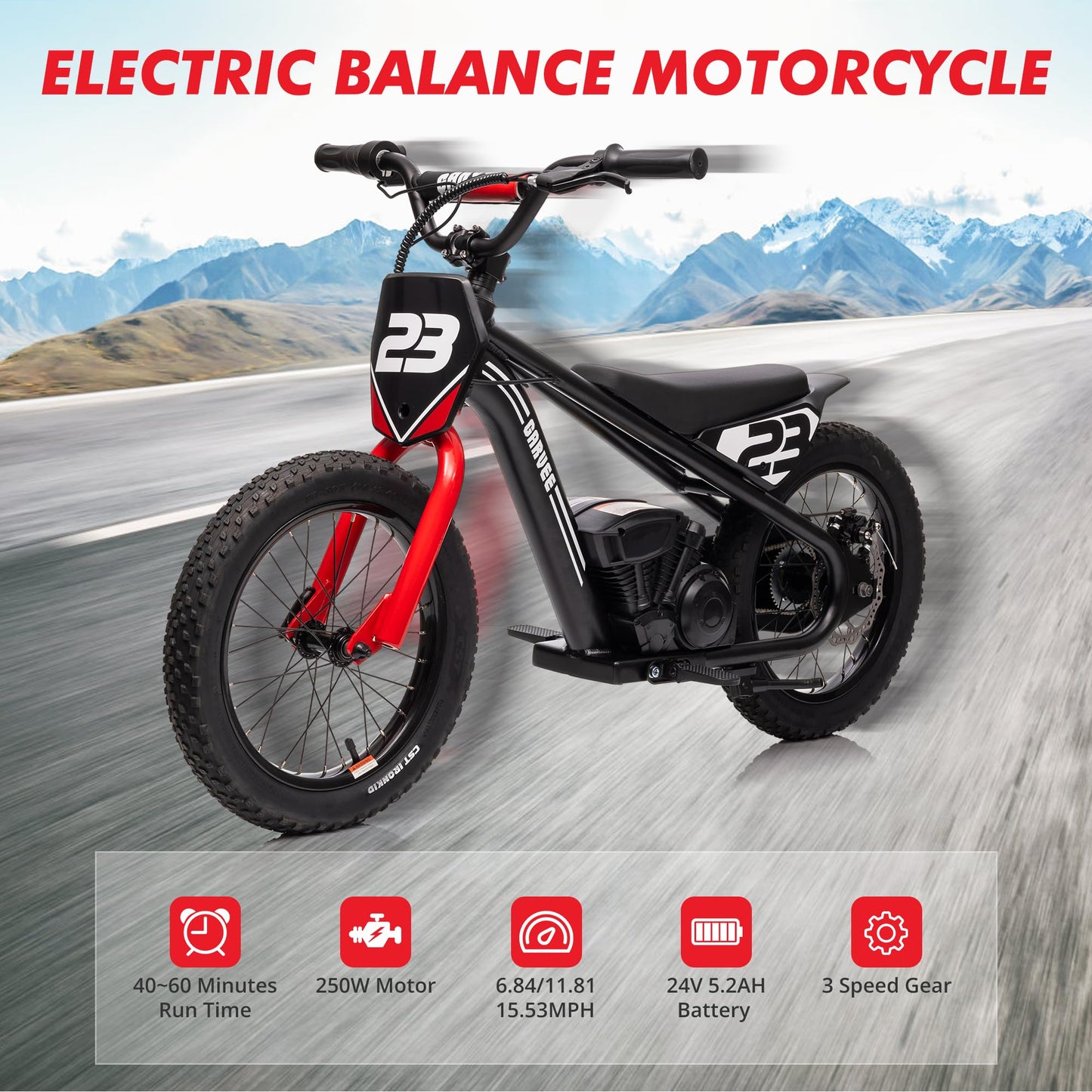 Garvee Ride - G Series: 360W Motor 16IN Tires Adjustable Speeds Detachable Battery Aluminum Frame Safety Brakes Black for Outdoor Trails