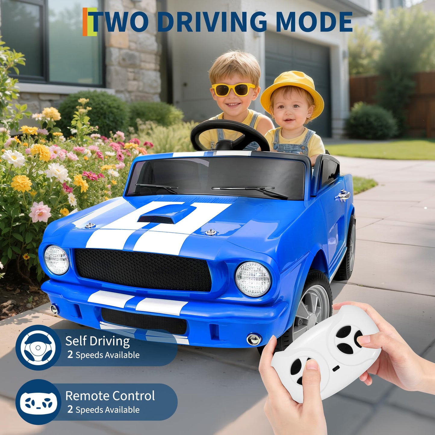Garvee Ride - P Series: 24V 7AH 2-Seater Ride-On Electric Car Shelby GT350 Licensed Model with Remote Control, 2 Speeds, Safety Belt, LED Lights, Music, Blue for Kids 3+