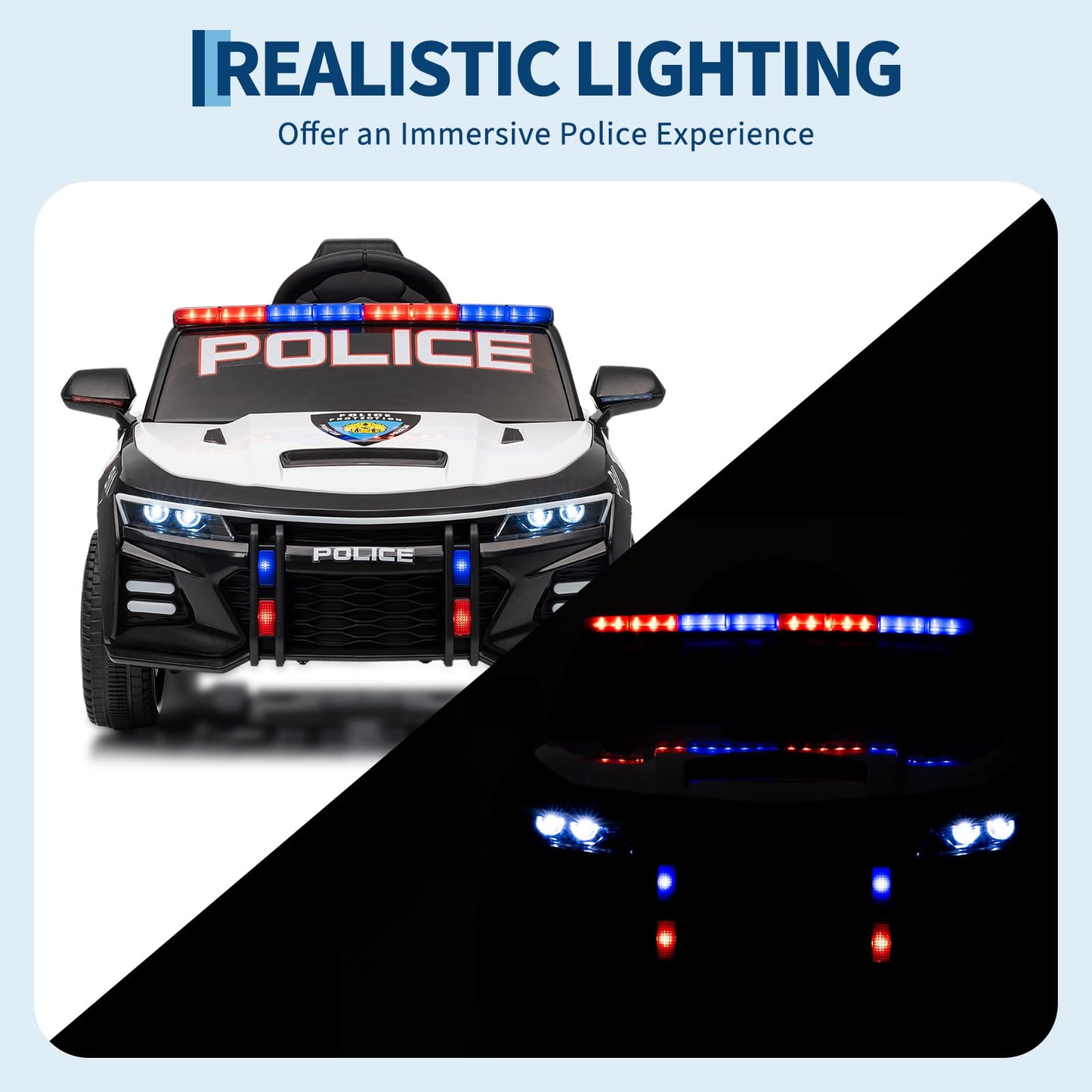 Garvee Ride - P Series: 12V Police Car Ride-On Toy for Kids with Remote Control, Emergency Tones, Megaphone, Flashing Lights, Spring Suspension, Music, Safe Buckle Locks, Quick Assembly