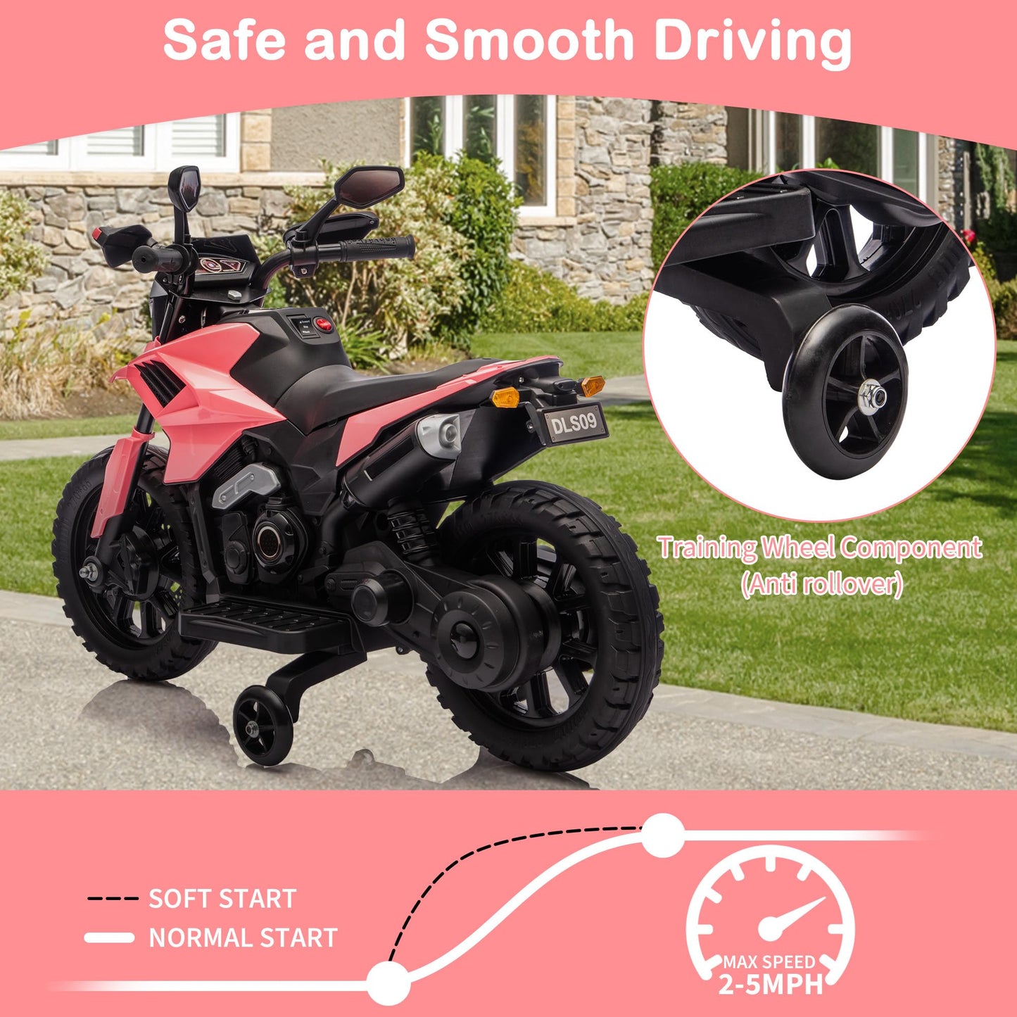 Garvee 6V Kids Electric Motorcycle with Training Wheels, Adjustable Speed 2-5 MPH, Durable Battery-Powered Ride-On Bike, Headlight & Music, Safe for Toddlers Outdoor Play