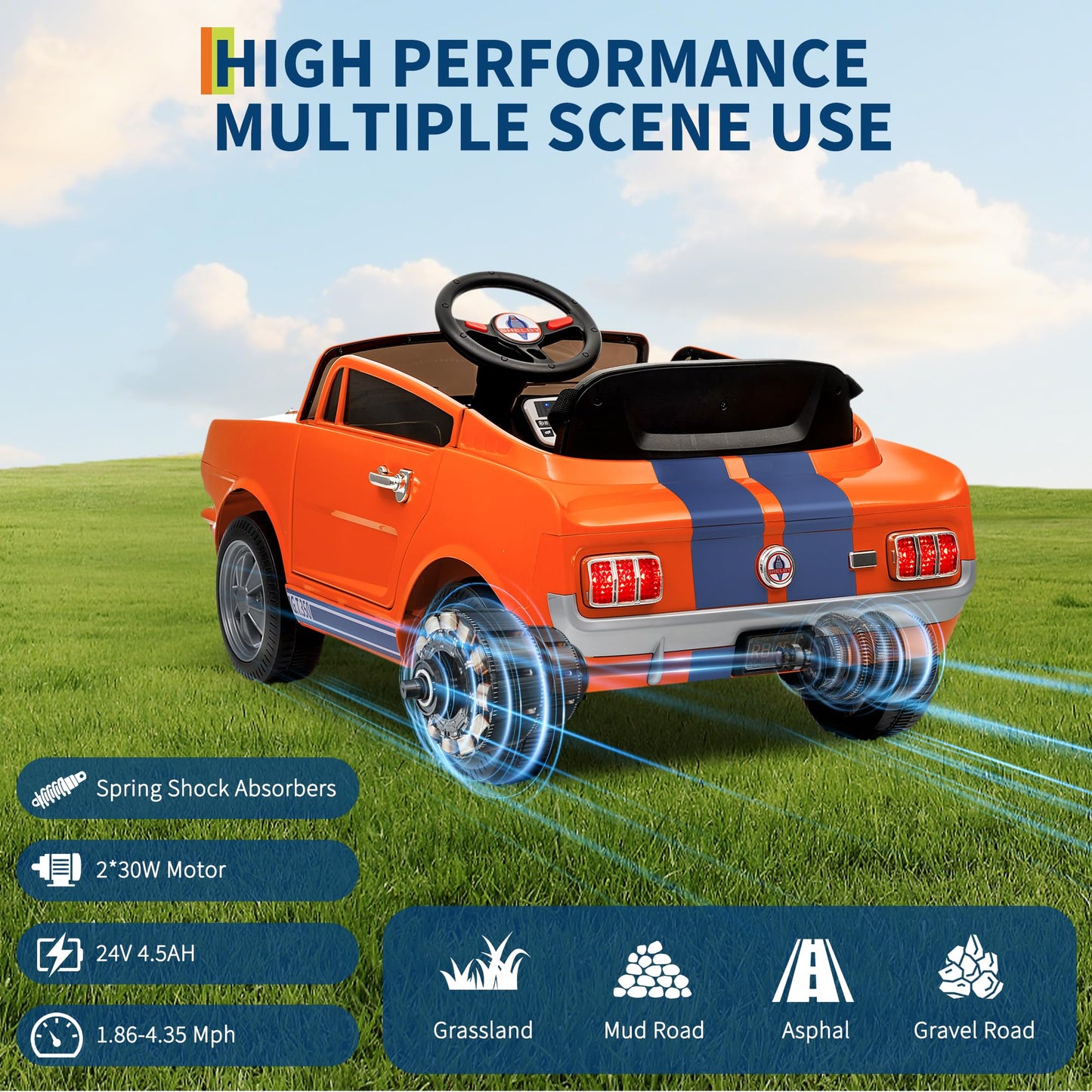 Garvee Ride - P Series: 24V Ride On Licensed Shelby GT350 Electric Car 2-Seater with Remote Control, Safety Belt, LED Lights, Wide Seat for Toddlers Outdoor Play