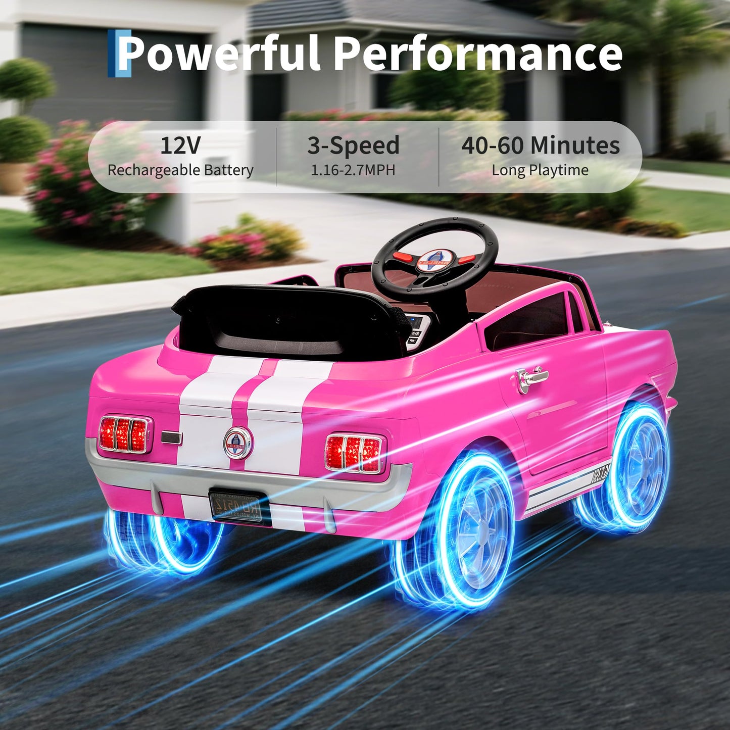 Garvee Ride - P Series: 12V Kids Ride On Car Shelby GT350 Electric Vehicle with Remote Control, LED Lights, Music, USB Port, 2 Speeds, Pink for Outdoor Fun
