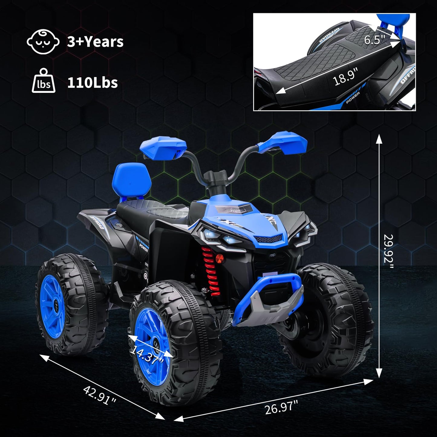Garvee Ride - P Series: 24V 2-Seater Ride On ATV for Kids - 4-Wheel Battery Powered, High/Low Speed Modes, LED Lights, Music & Horn, Durable Wear-Resistant Wheels, Safe Non-Toxic Material, Outdoor Adventure - Blue