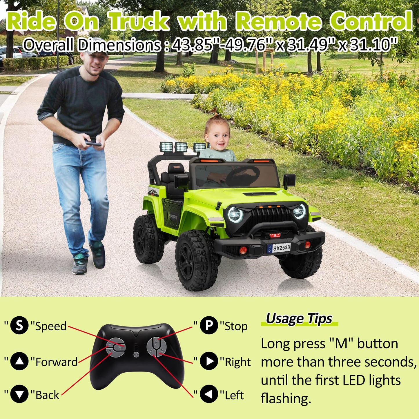 Garvee Ride - P Series: 24V Electric Ride On Car for Kids 4WD 2-Seater Extendable Body Anti-Slip Tires LED Lights Parental Remote Ages 3-8 Outdoor Adventure