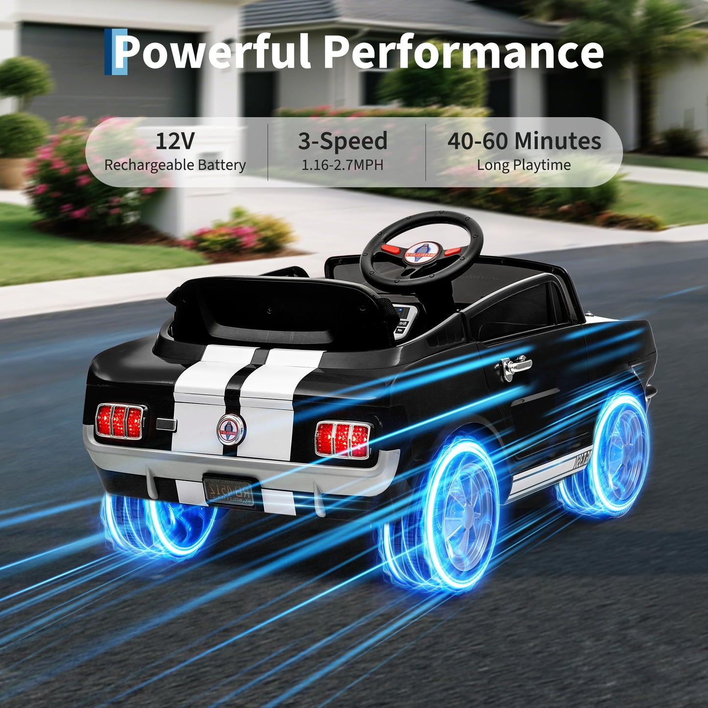 Garvee Ride - P Series: 12V Kids Ride On Car Shelby GT350 Electric Vehicle with Remote Control, LED Lights, Music, USB Port, Safety Harness, Black for Outdoor Play