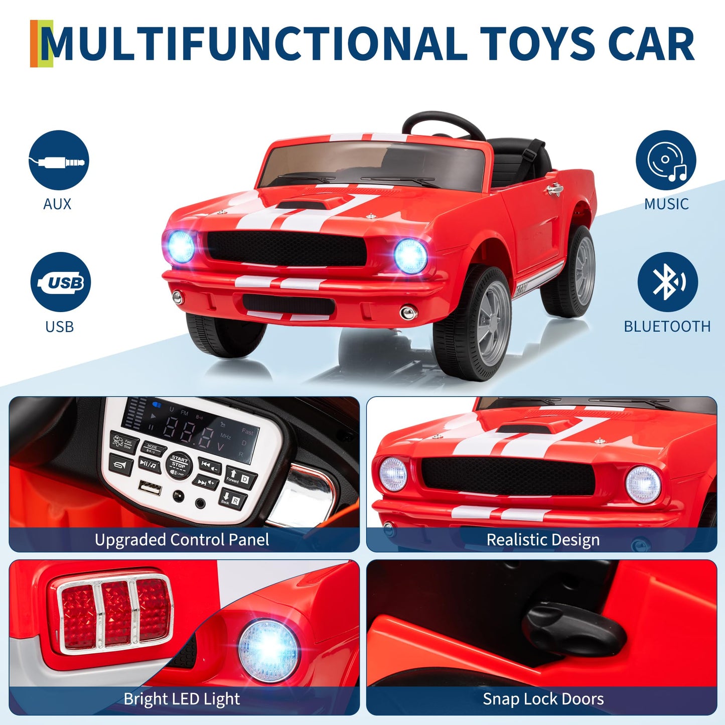 Garvee Ride - P Series: 2 Seater Ride On Electric Car 24V 7AH with Remote Control, 2 Speeds, Safety Belt, LED Lights, Music, Licensed Shelby GT350, Red, for Kids 3+