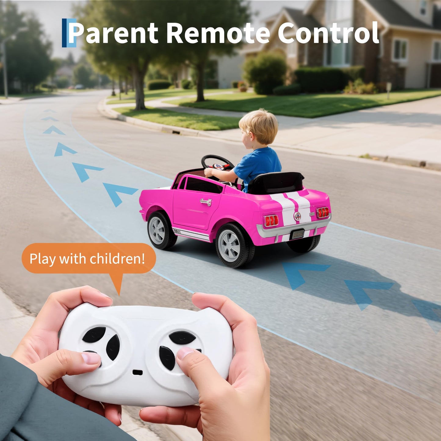 Garvee Ride - P Series: 12V Kids Ride On Car Shelby GT350 Electric Vehicle with Remote Control, LED Lights, Music, USB Port, 2 Speeds, Pink for Outdoor Fun