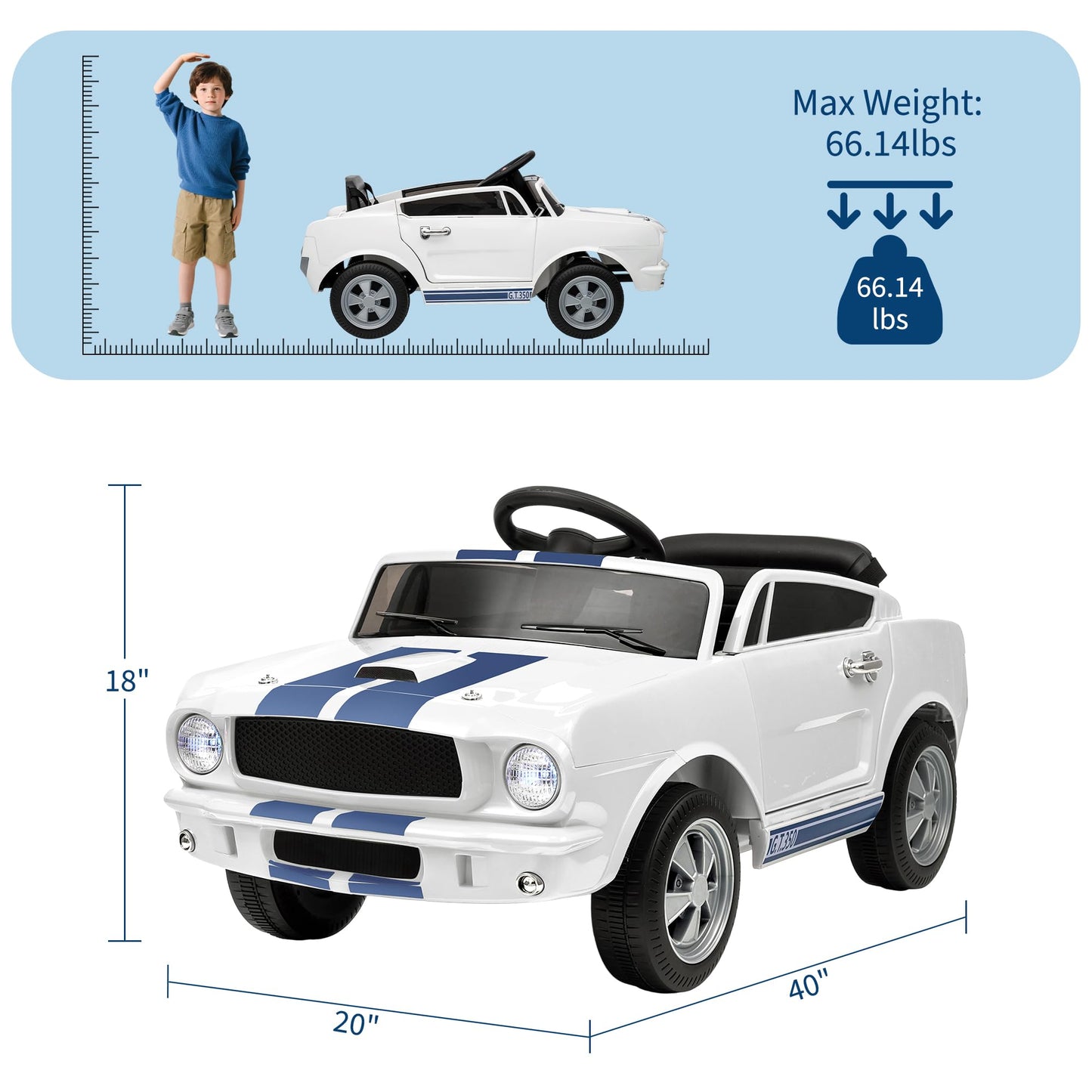 Garvee Ride - P Series: 12V Kids Ride On Car Shelby GT350 Replica with Remote Control, LED Lights, USB Port, Music, Safety Harness, White for Outdoor Fun