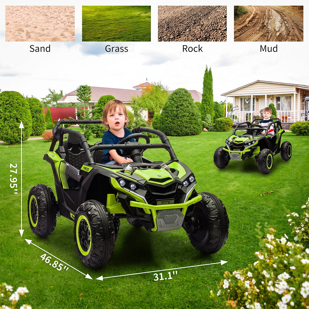 Garvee Ride - P Series: 24V Ride On Utv For Kids,2 Seater 4WD Electric Truck With Remote Control, High And Low Speed Adjustment, Led Lights,4-wheel shock absorption,One Click Start, Music Player (Green)