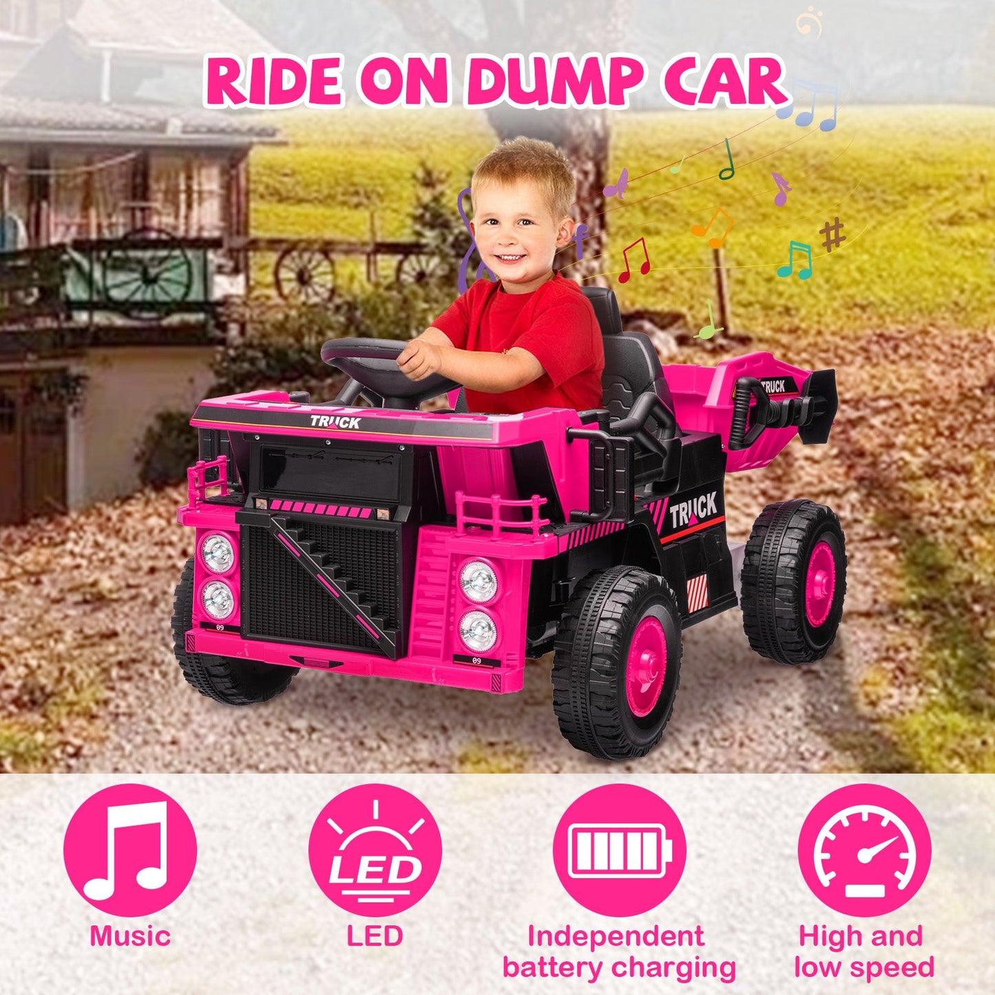 Garvee Ride - P Series: Ride On Dump Truck, Electric Cars for Kids with Remote Control, Dump Bed, Shovel, Music, Led, Wheel Shock Absorption, Ride On Construction Vehicle Four- for Kids 3+(Pink)