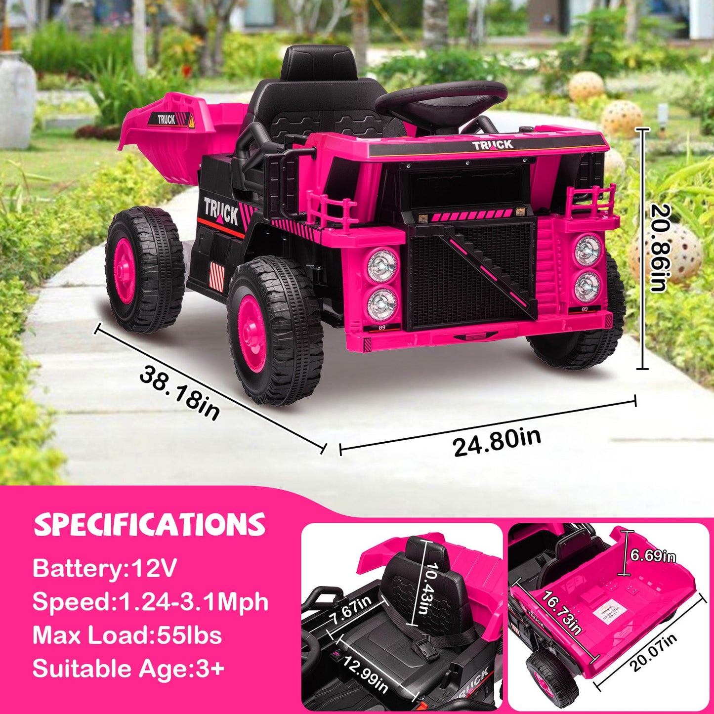 Garvee Ride - P Series: Ride On Dump Truck, Electric Cars for Kids with Remote Control, Dump Bed, Shovel, Music, Led, Wheel Shock Absorption, Ride On Construction Vehicle Four- for Kids 3+(Pink)