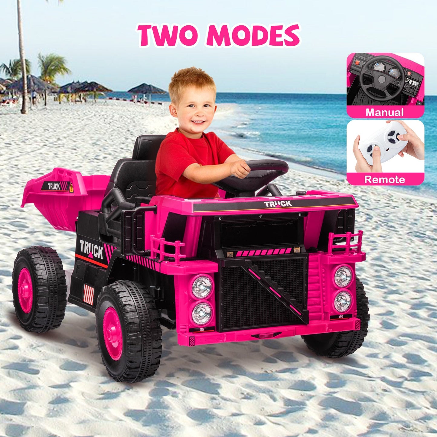 Garvee Ride - P Series: Ride On Dump Truck, Electric Cars for Kids with Remote Control, Dump Bed, Shovel, Music, Led, Wheel Shock Absorption, Ride On Construction Vehicle Four- for Kids 3+(Pink)