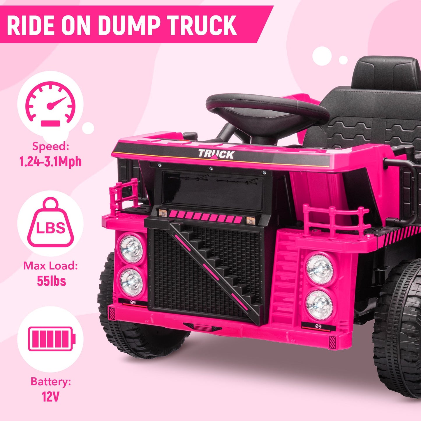 Garvee Ride - P Series: Ride On Dump Truck, Electric Cars for Kids with Remote Control, Dump Bed, Shovel, Music, Led, Wheel Shock Absorption, Ride On Construction Vehicle Four- for Kids 3+(Pink)