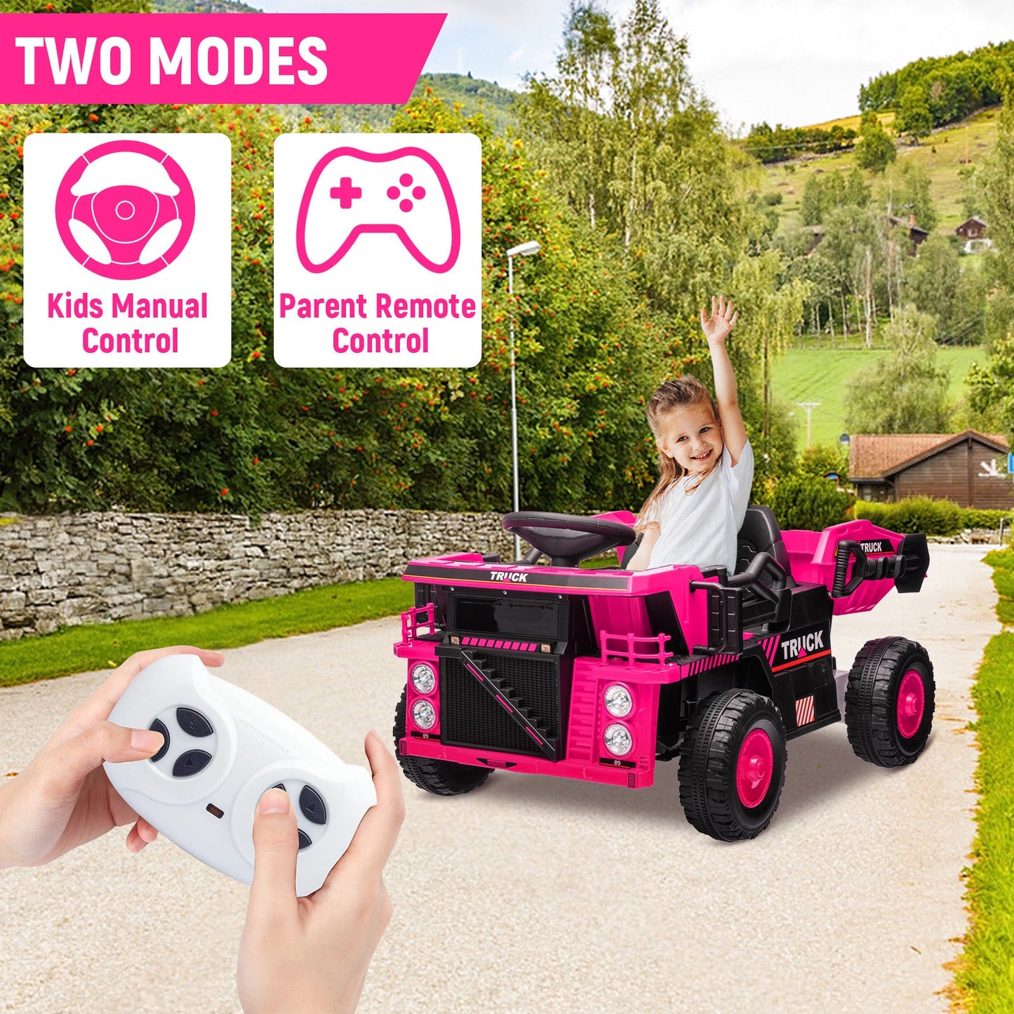 Garvee Ride - P Series: Ride On Dump Truck, Electric Cars for Kids with Remote Control, Dump Bed, Shovel, Music, Led, Wheel Shock Absorption, Ride On Construction Vehicle Four- for Kids 3+(Pink)