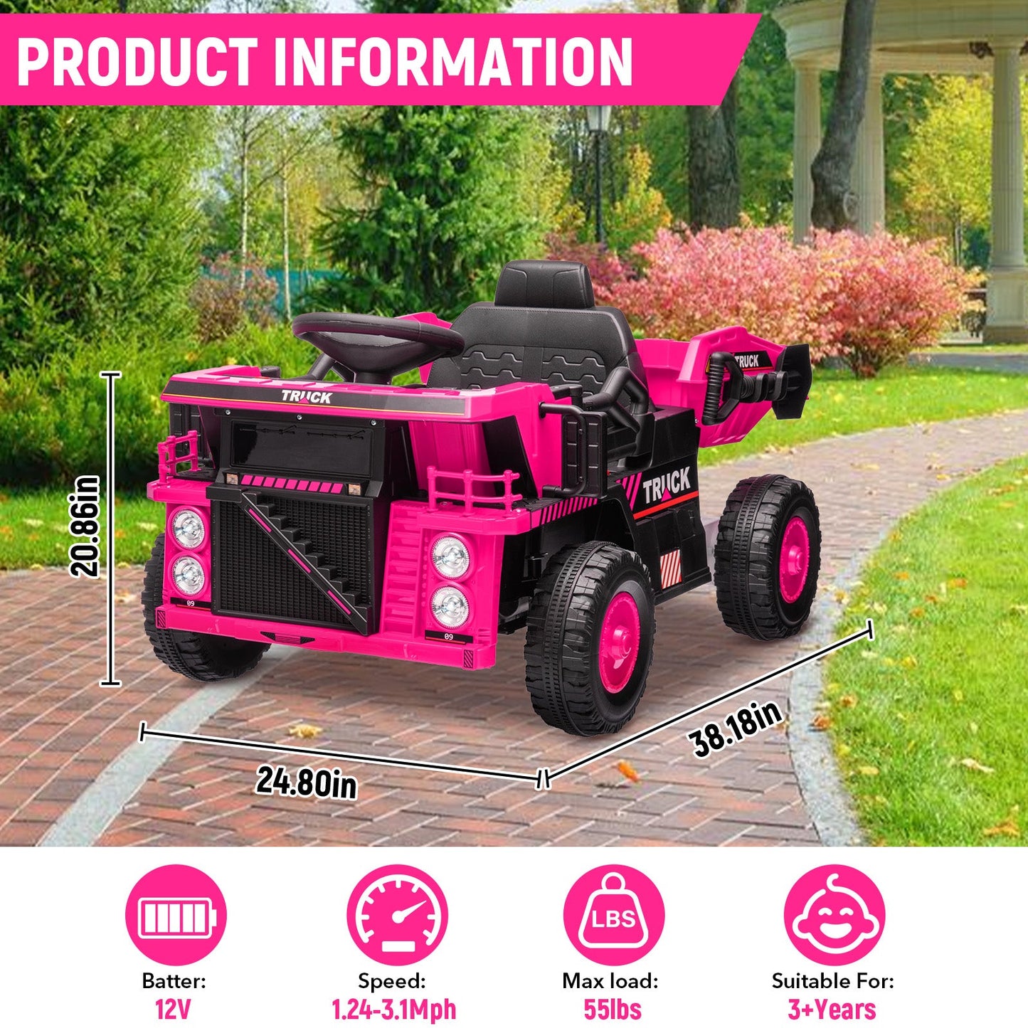 Garvee Ride - P Series: Ride On Dump Truck, Electric Cars for Kids with Remote Control, Dump Bed, Shovel, Music, Led, Wheel Shock Absorption, Ride On Construction Vehicle Four- for Kids 3+(Pink)