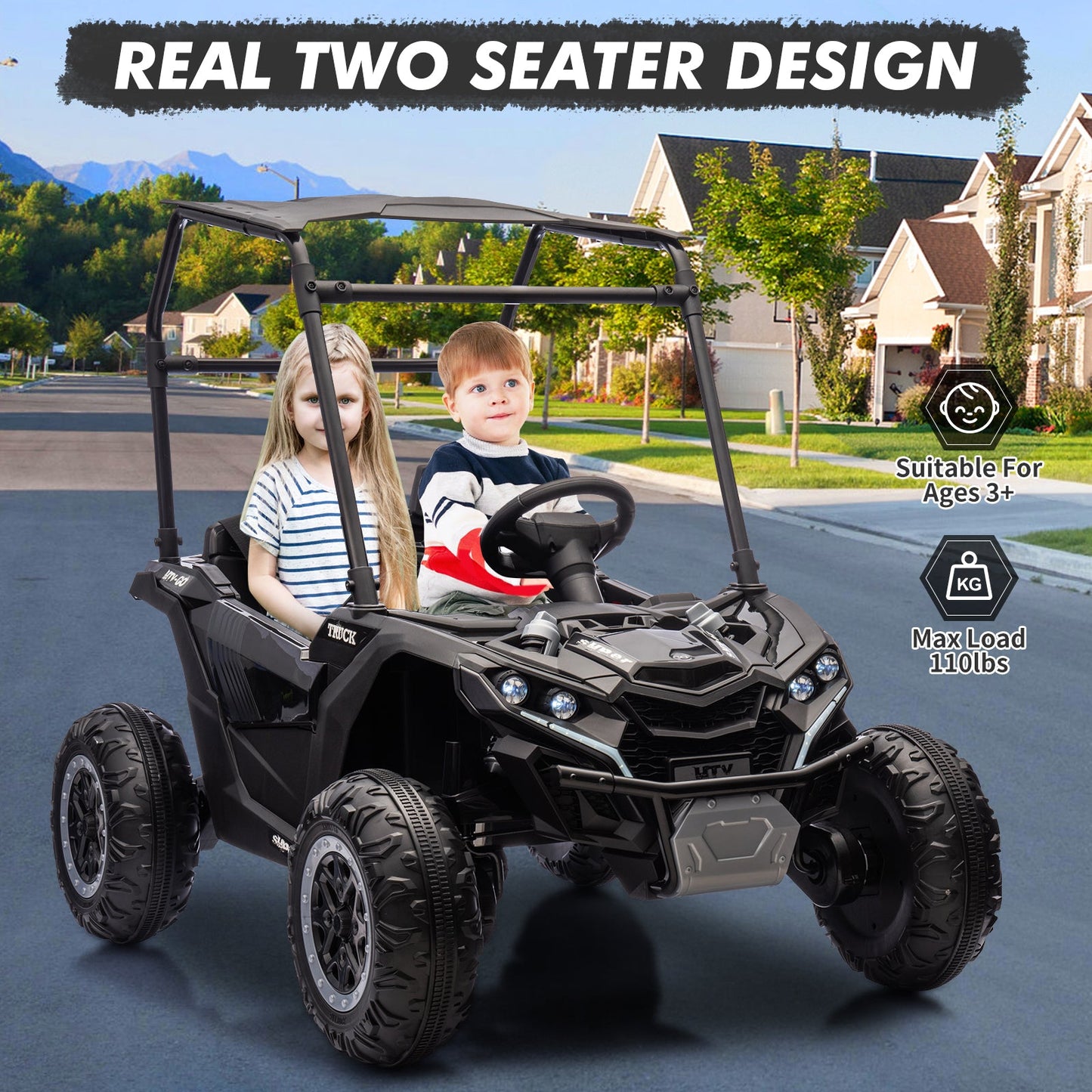 Garvee Ride - P Series: 24V Ride On Utv for Kids, 2 Seater Electric Truck With Sun Shade,4WD Electric Car Toy With Remote Control, Led Lights, 4 Shock Absorbersm,One Click Start, Music Player - Black
