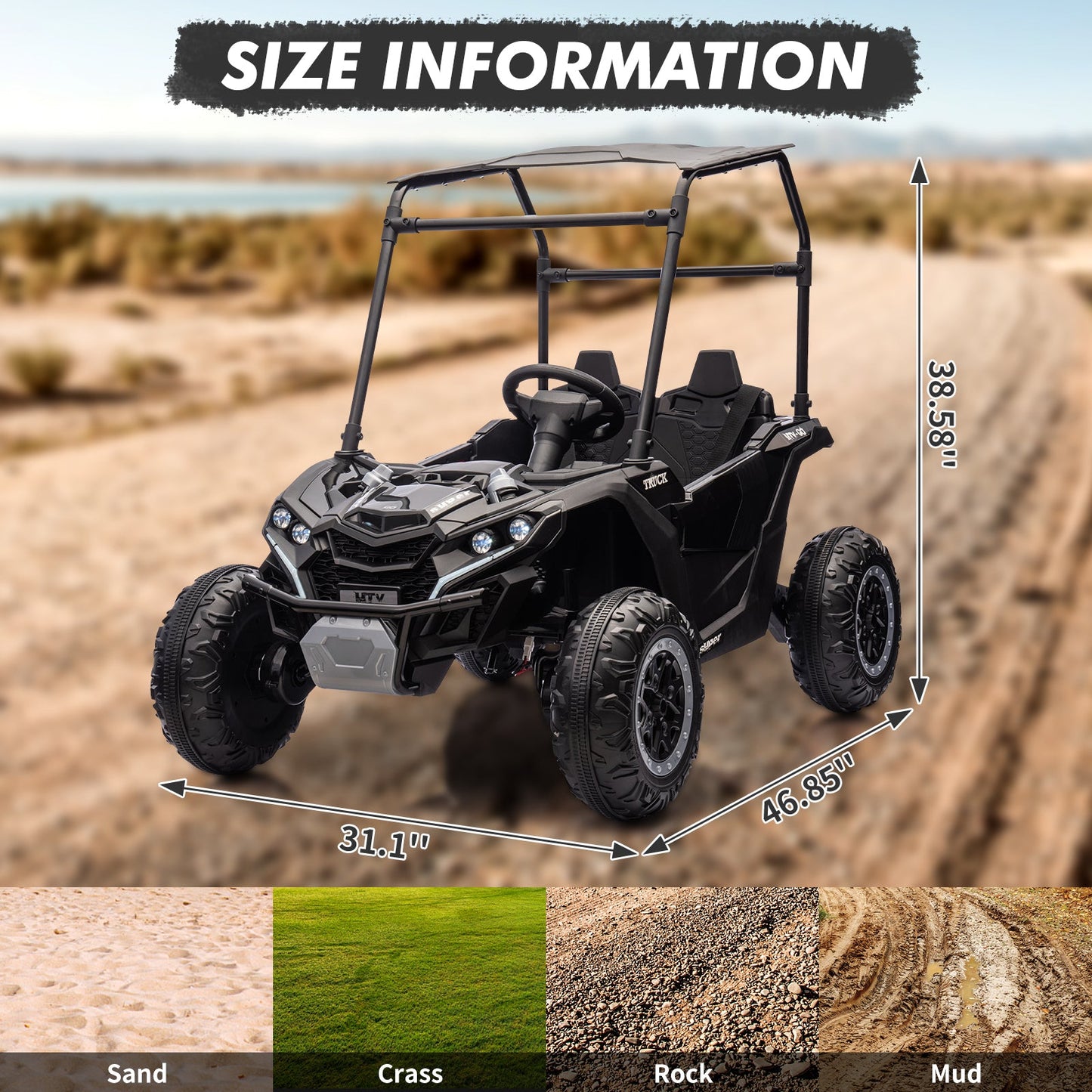 Garvee Ride - P Series: 24V Ride On Utv for Kids, 2 Seater Electric Truck With Sun Shade,4WD Electric Car Toy With Remote Control, Led Lights, 4 Shock Absorbersm,One Click Start, Music Player - Black