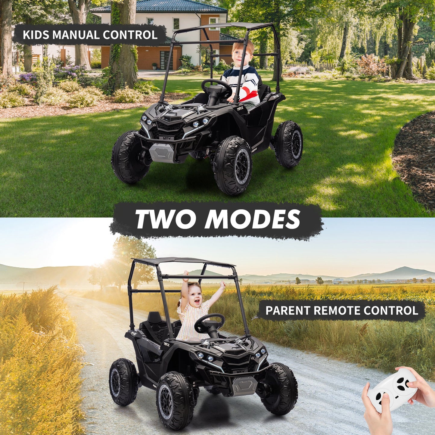 Garvee Ride - P Series: 24V Ride On Utv for Kids, 2 Seater Electric Truck With Sun Shade,4WD Electric Car Toy With Remote Control, Led Lights, 4 Shock Absorbersm,One Click Start, Music Player - Black