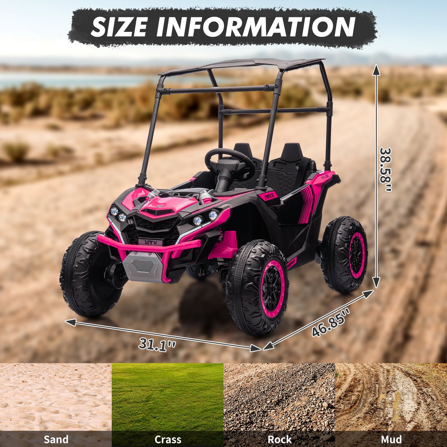 Garvee Ride - P Series: 24V Ride On Utv for Kids, 2 Seater Electric Truck With Sun Shade,4WD Electric Car Toy With Remote Control, Led Lights, 4 Shock Absorbersm,One Click Start, Music Player - Rose