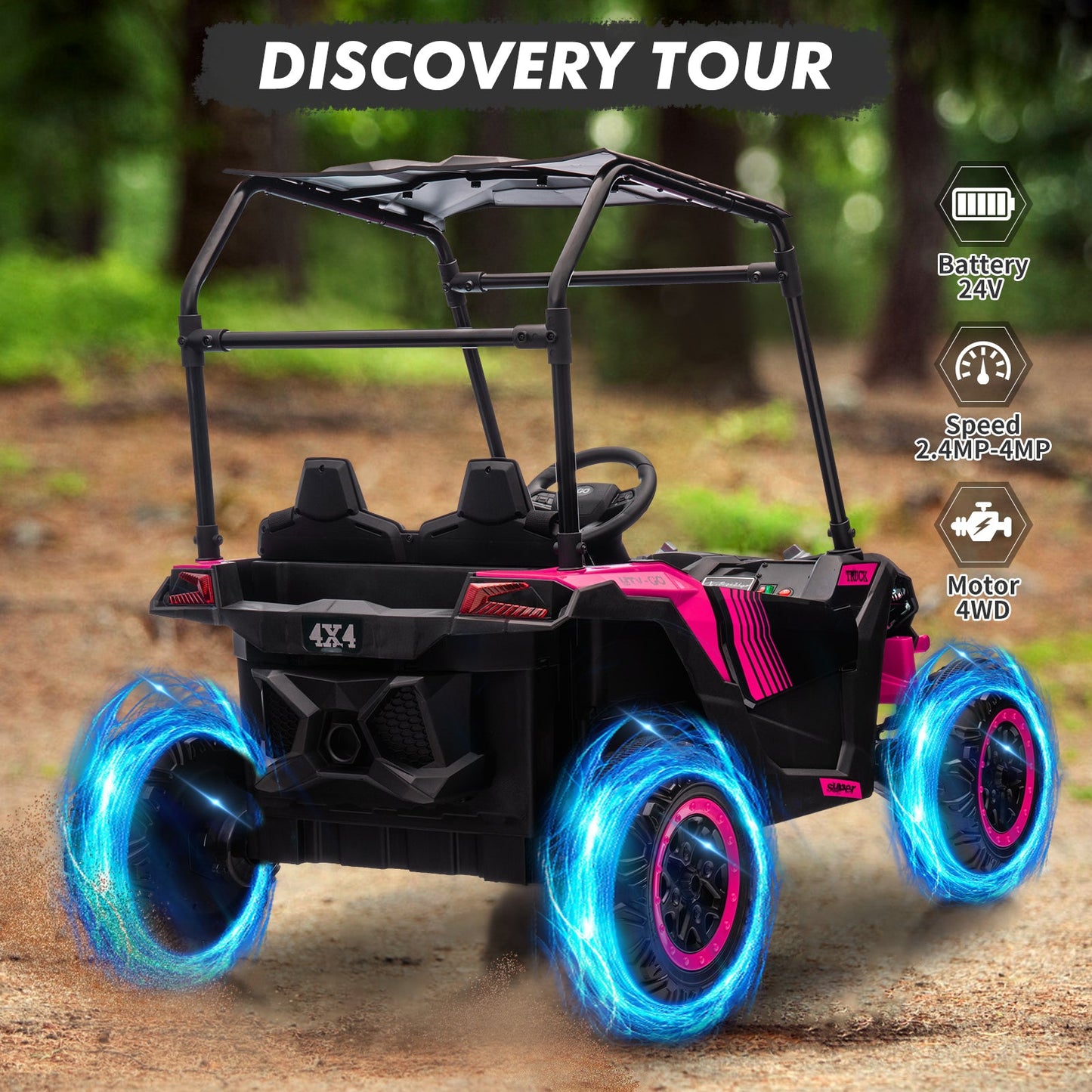 Garvee Ride - P Series: 24V Ride On Utv for Kids, 2 Seater Electric Truck With Sun Shade,4WD Electric Car Toy With Remote Control, Led Lights, 4 Shock Absorbersm,One Click Start, Music Player - Rose