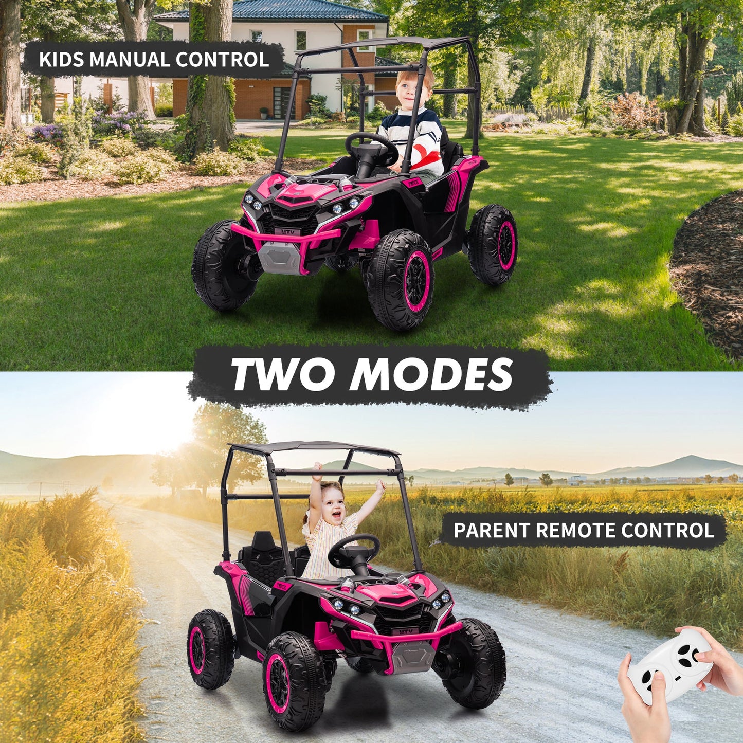 Garvee Ride - P Series: 24V Ride On Utv for Kids, 2 Seater Electric Truck With Sun Shade,4WD Electric Car Toy With Remote Control, Led Lights, 4 Shock Absorbersm,One Click Start, Music Player - Rose