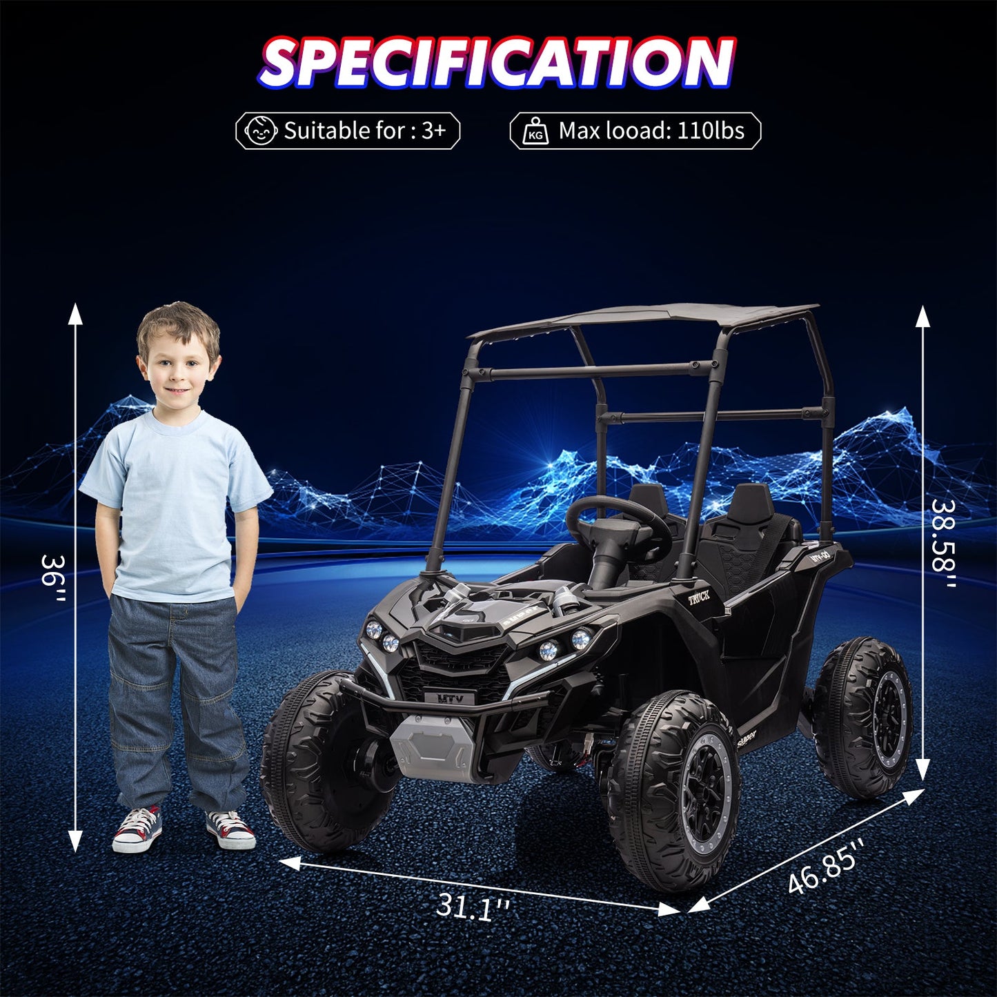 Garvee Ride - P Series: 24V Ride On Utv for Kids, 2 Seater Electric Truck With Sun Shade,4WD Electric Car Toy With Remote Control, Led Lights, 4 Shock Absorbersm,One Click Start, Music Player - Black