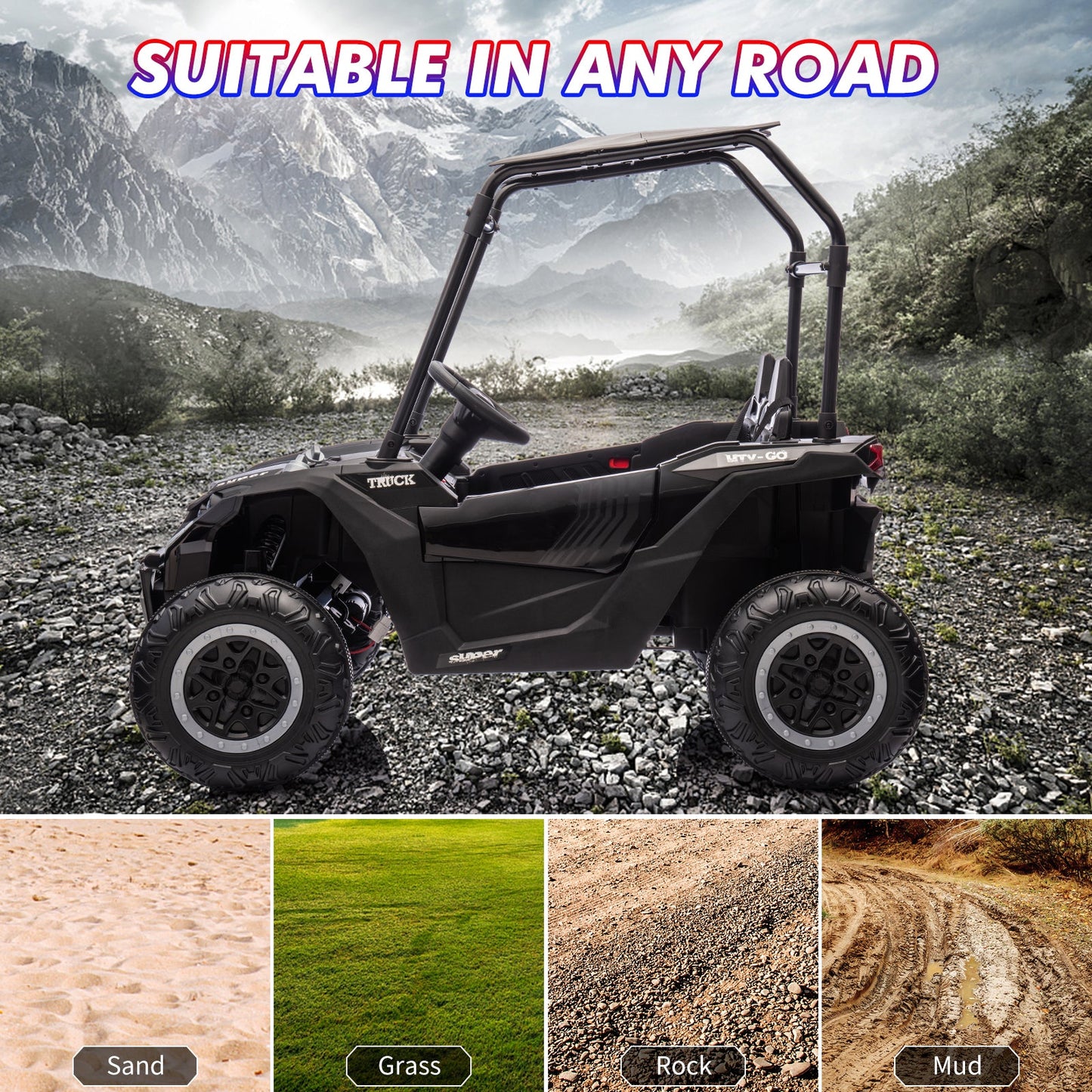 Garvee Ride - P Series: 24V Ride On Utv for Kids, 2 Seater Electric Truck With Sun Shade,4WD Electric Car Toy With Remote Control, Led Lights, 4 Shock Absorbersm,One Click Start, Music Player - Black