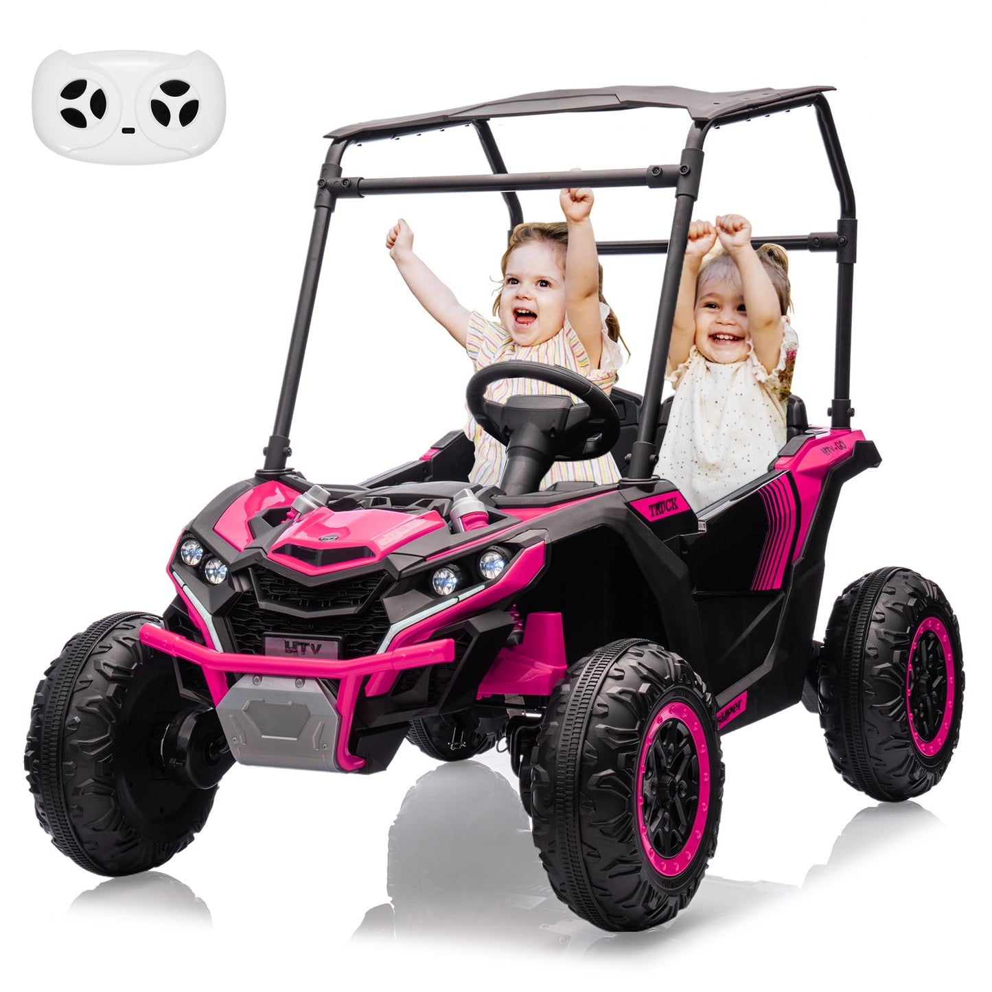Garvee Ride - P Series: 24V Ride On Utv for Kids, 2 Seater Electric Truck With Sun Shade,4WD Electric Car Toy With Remote Control, Led Lights, 4 Shock Absorbersm,One Click Start, Music Player - Rose