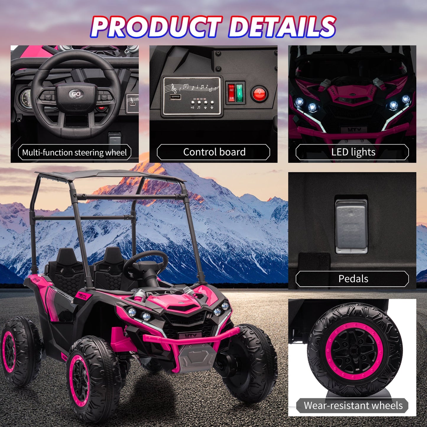 Garvee Ride - P Series: 24V Ride On Utv for Kids, 2 Seater Electric Truck With Sun Shade,4WD Electric Car Toy With Remote Control, Led Lights, 4 Shock Absorbersm,One Click Start, Music Player - Rose