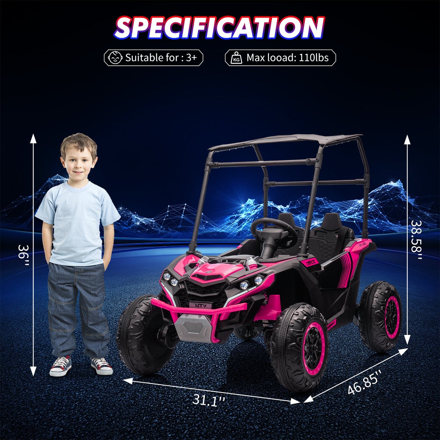 Garvee Ride - P Series: 24V Ride On Utv for Kids, 2 Seater Electric Truck With Sun Shade,4WD Electric Car Toy With Remote Control, Led Lights, 4 Shock Absorbersm,One Click Start, Music Player - Rose