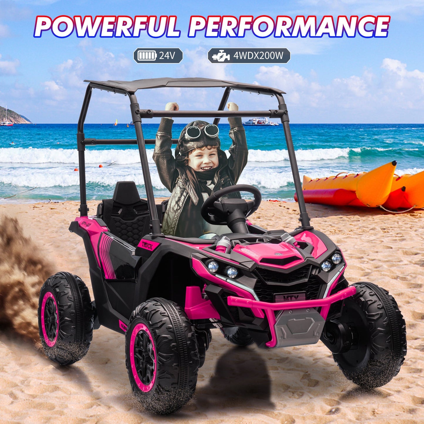 Garvee Ride - P Series: 24V Ride On Utv for Kids, 2 Seater Electric Truck With Sun Shade,4WD Electric Car Toy With Remote Control, Led Lights, 4 Shock Absorbersm,One Click Start, Music Player - Rose