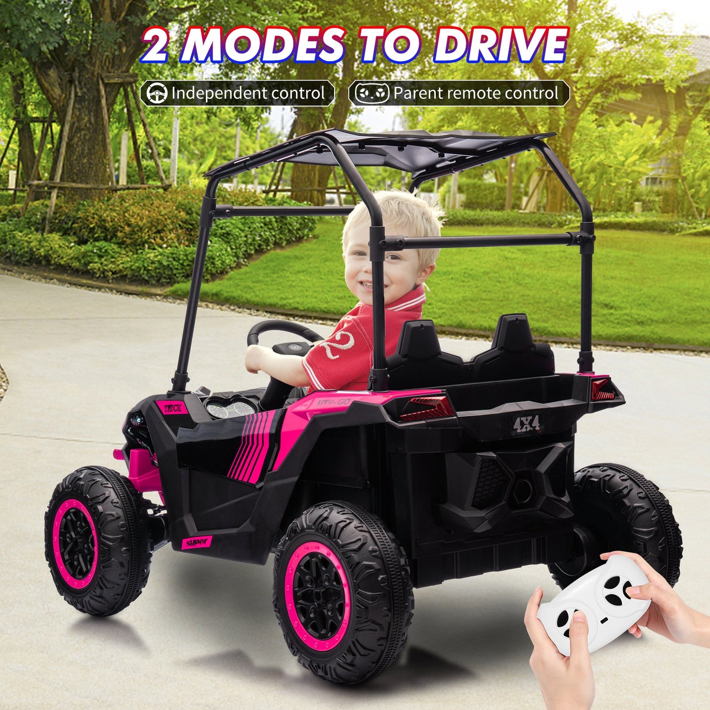 Garvee Ride - P Series: 24V Ride On Utv for Kids, 2 Seater Electric Truck With Sun Shade,4WD Electric Car Toy With Remote Control, Led Lights, 4 Shock Absorbersm,One Click Start, Music Player - Rose