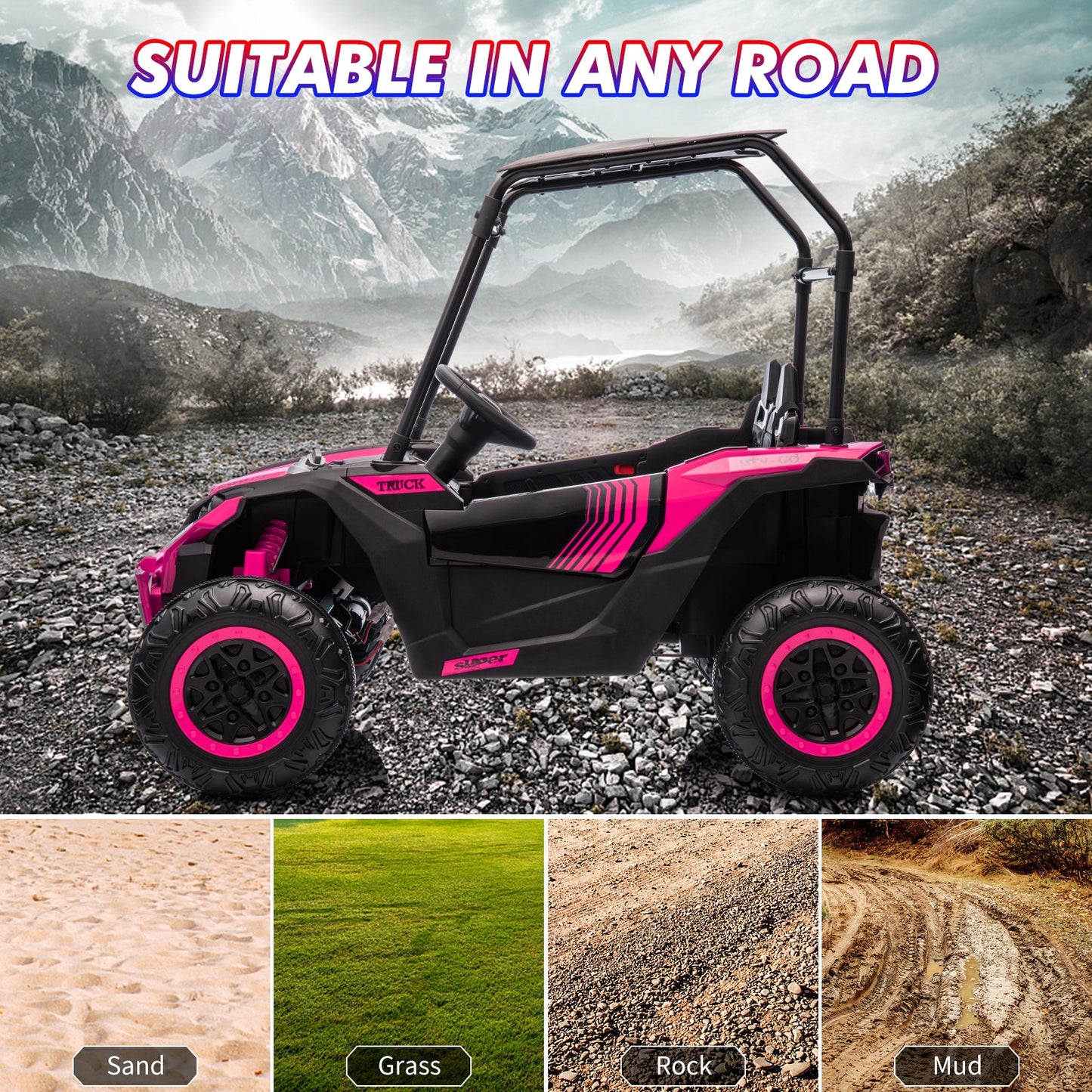 Garvee Ride - P Series: 24V Ride On Utv for Kids, 2 Seater Electric Truck With Sun Shade,4WD Electric Car Toy With Remote Control, Led Lights, 4 Shock Absorbersm,One Click Start, Music Player - Rose