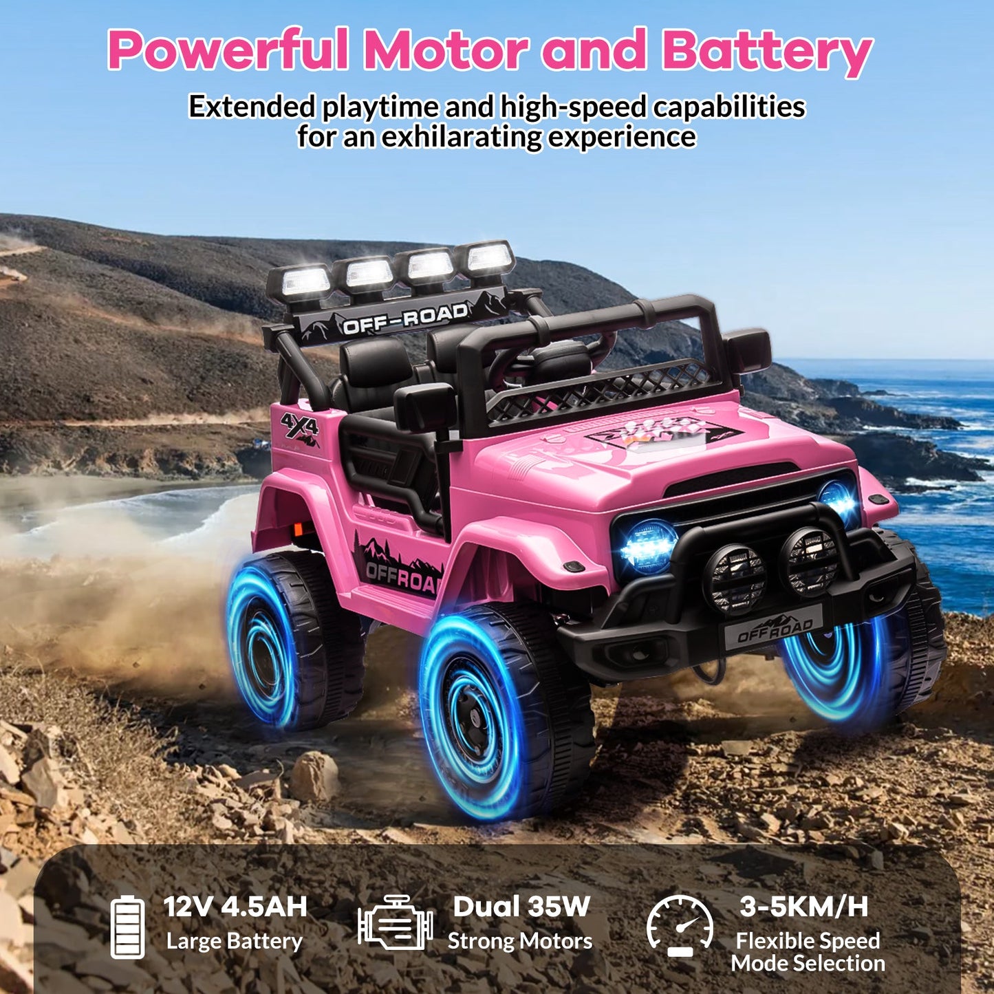 Garvee Ride - P Series: 12VElectric Ride on Truck Car For Kids Age 3+, Remote Control, Twin 25W Motors 3.1MPH Max Speed, Bluetooth USB Music Player, 4 Wheels Suspension LED Lights Safety Belt, Gift for Boy & Girl - Pink