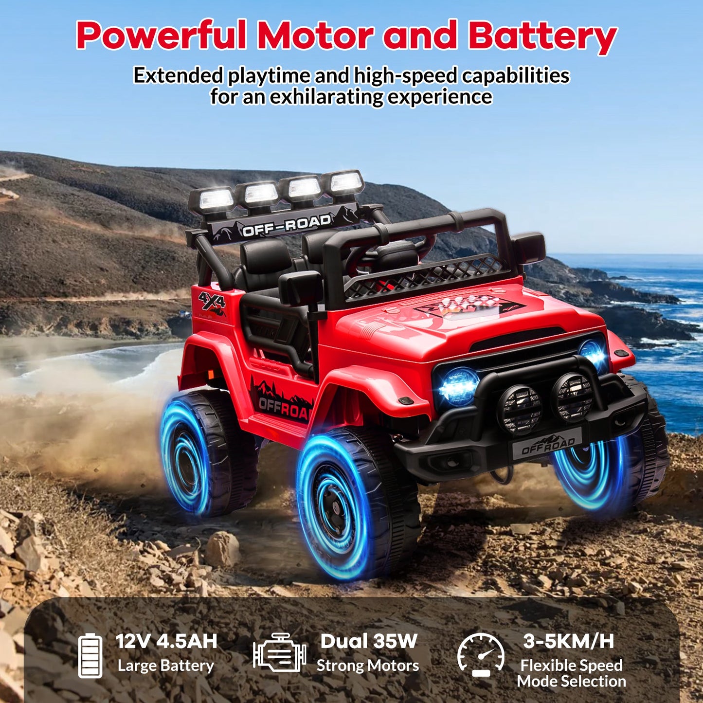Garvee Ride - P Series: 12V Electric Ride on Truck Car For Kids Age 3+, Remote Control, Twin 25W Motors 3.1MPH Max Speed, Bluetooth USB Music Player, 4 Wheels Suspension LED Lights Safety Belt, Gift for Boy & Girl - Red