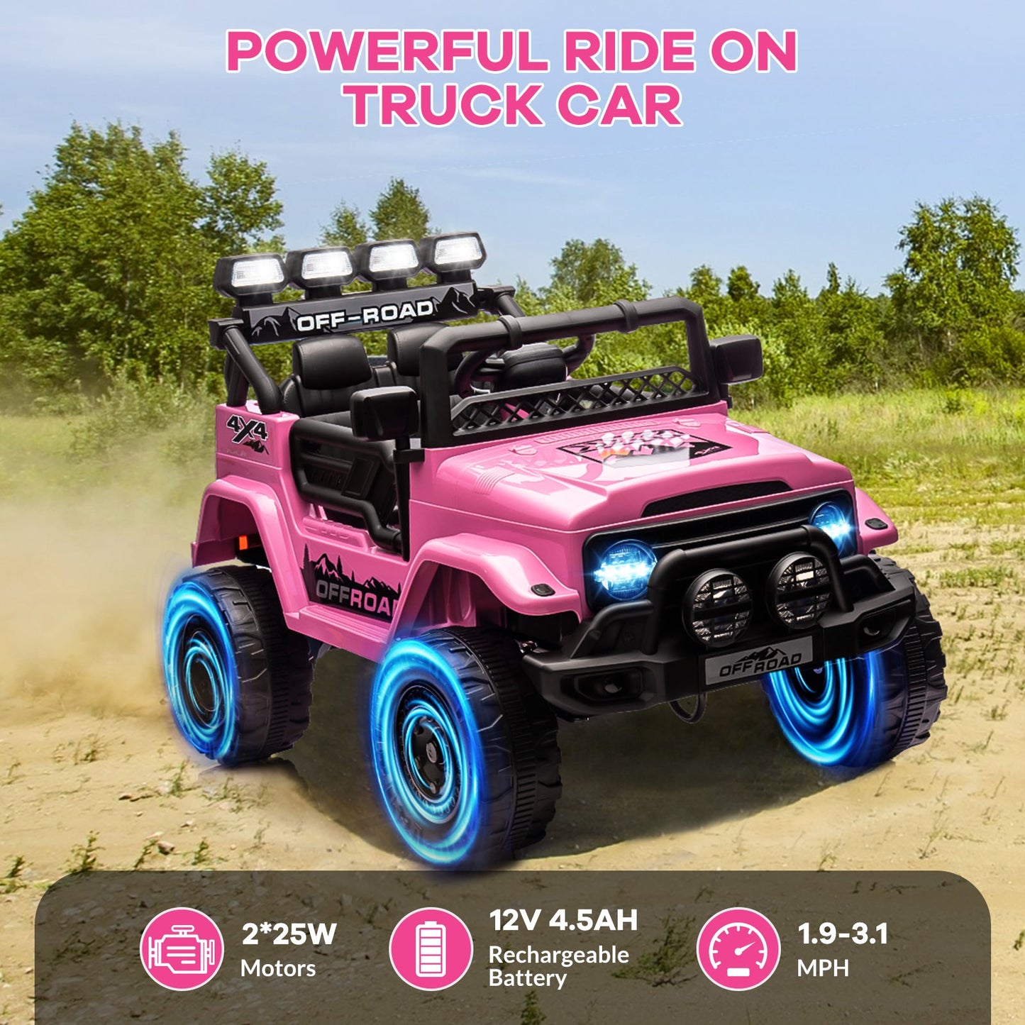 Garvee Ride - P Series: 12VElectric Ride on Truck Car For Kids Age 3+, Remote Control, Twin 25W Motors 3.1MPH Max Speed, Bluetooth USB Music Player, 4 Wheels Suspension LED Lights Safety Belt, Gift for Boy & Girl - Pink