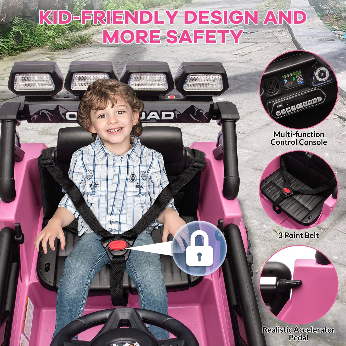 Garvee Ride - P Series: 12VElectric Ride on Truck Car For Kids Age 3+, Remote Control, Twin 25W Motors 3.1MPH Max Speed, Bluetooth USB Music Player, 4 Wheels Suspension LED Lights Safety Belt, Gift for Boy & Girl - Pink