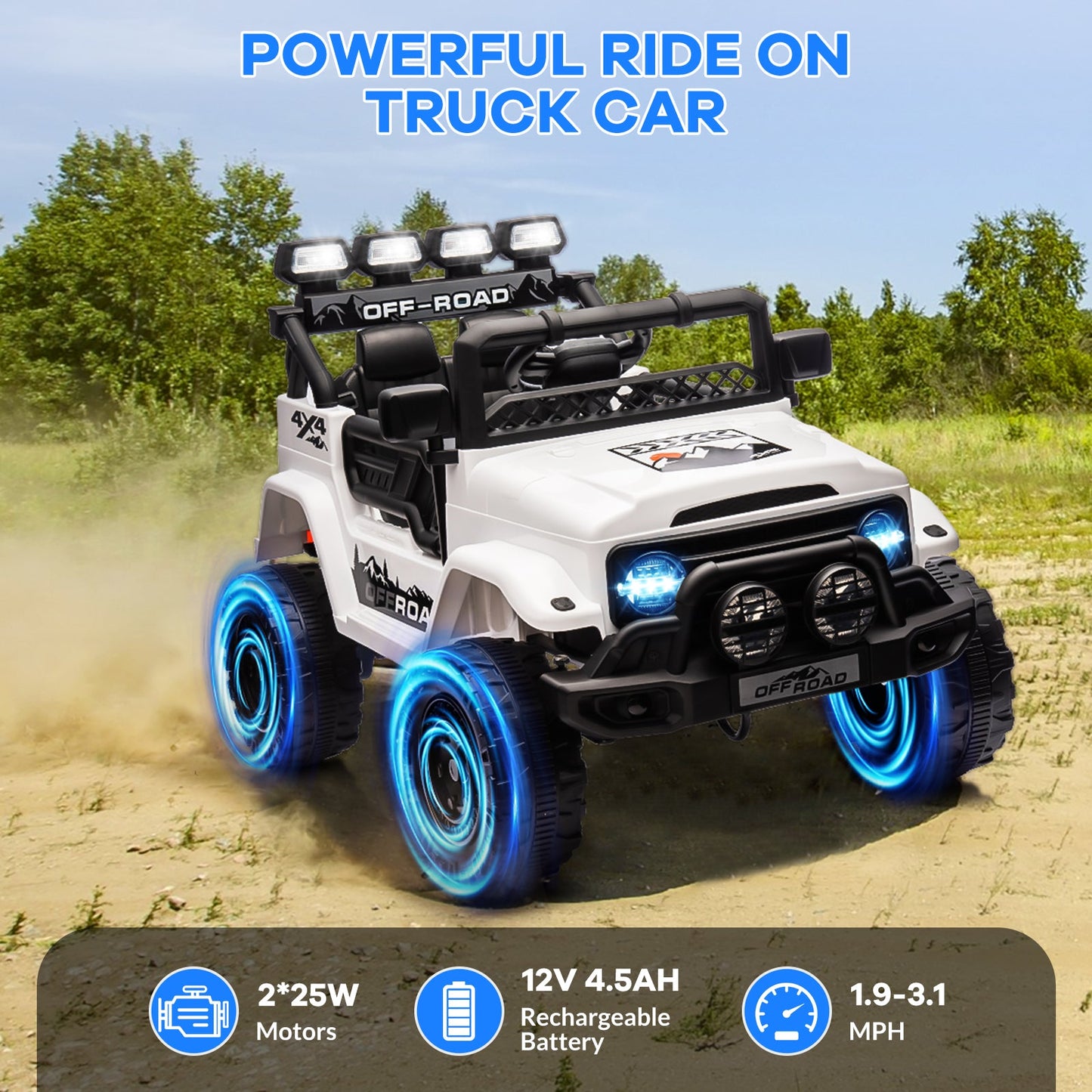 Garvee Ride - P Series: 12VElectric Ride on Truck Car For Kids Age 3+, Remote Control, Twin 25W Motors 3.1MPH Max Speed, Bluetooth USB Music Player, 4 Wheels Suspension LED Lights Safety Belt, Gift for Boy & Girl - White
