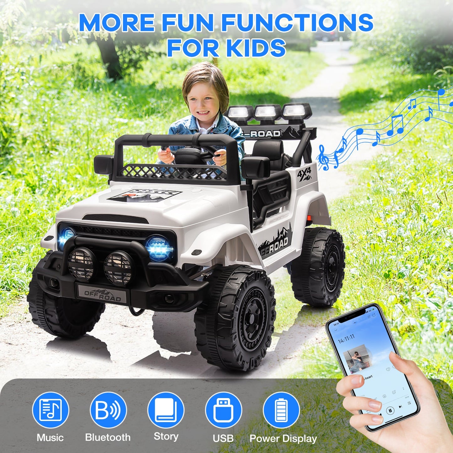 Garvee Ride - P Series: 12VElectric Ride on Truck Car For Kids Age 3+, Remote Control, Twin 25W Motors 3.1MPH Max Speed, Bluetooth USB Music Player, 4 Wheels Suspension LED Lights Safety Belt, Gift for Boy & Girl - White