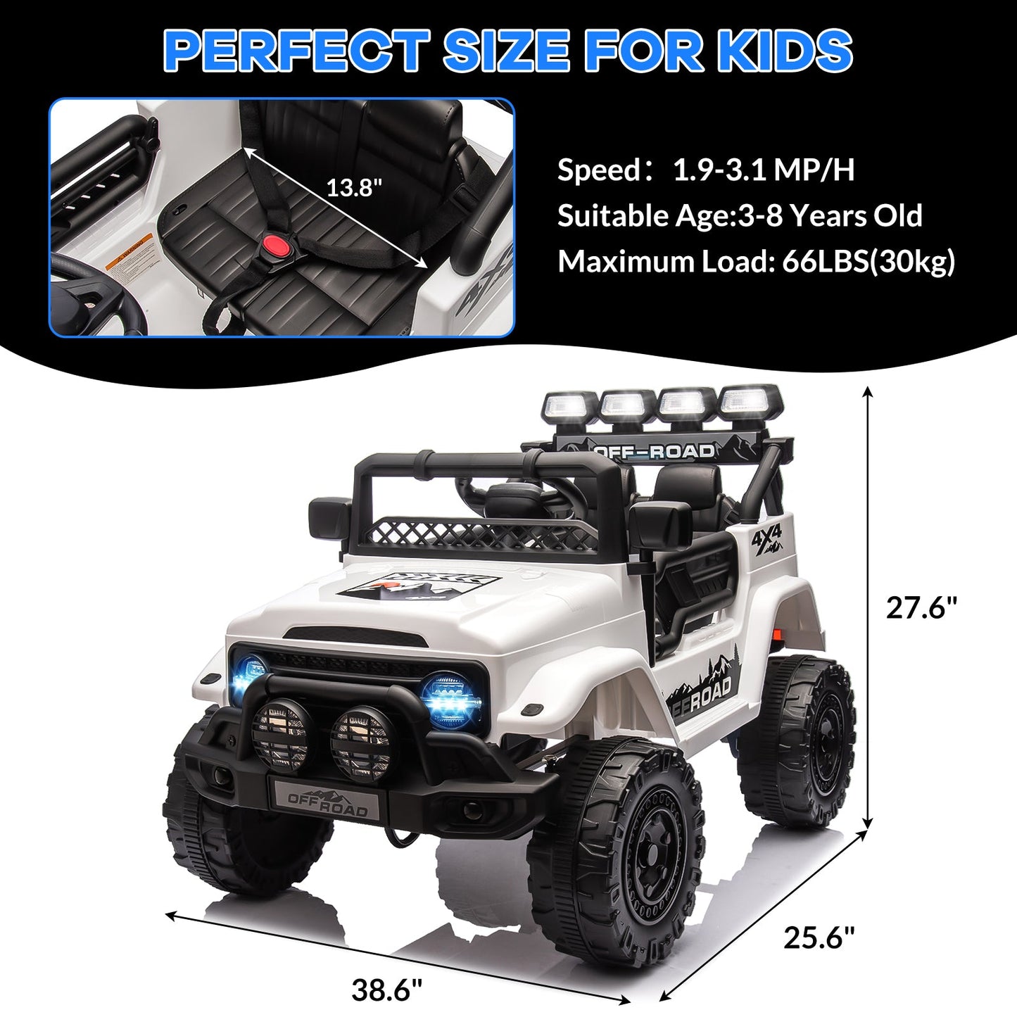 Garvee Ride - P Series: 12VElectric Ride on Truck Car For Kids Age 3+, Remote Control, Twin 25W Motors 3.1MPH Max Speed, Bluetooth USB Music Player, 4 Wheels Suspension LED Lights Safety Belt, Gift for Boy & Girl - White