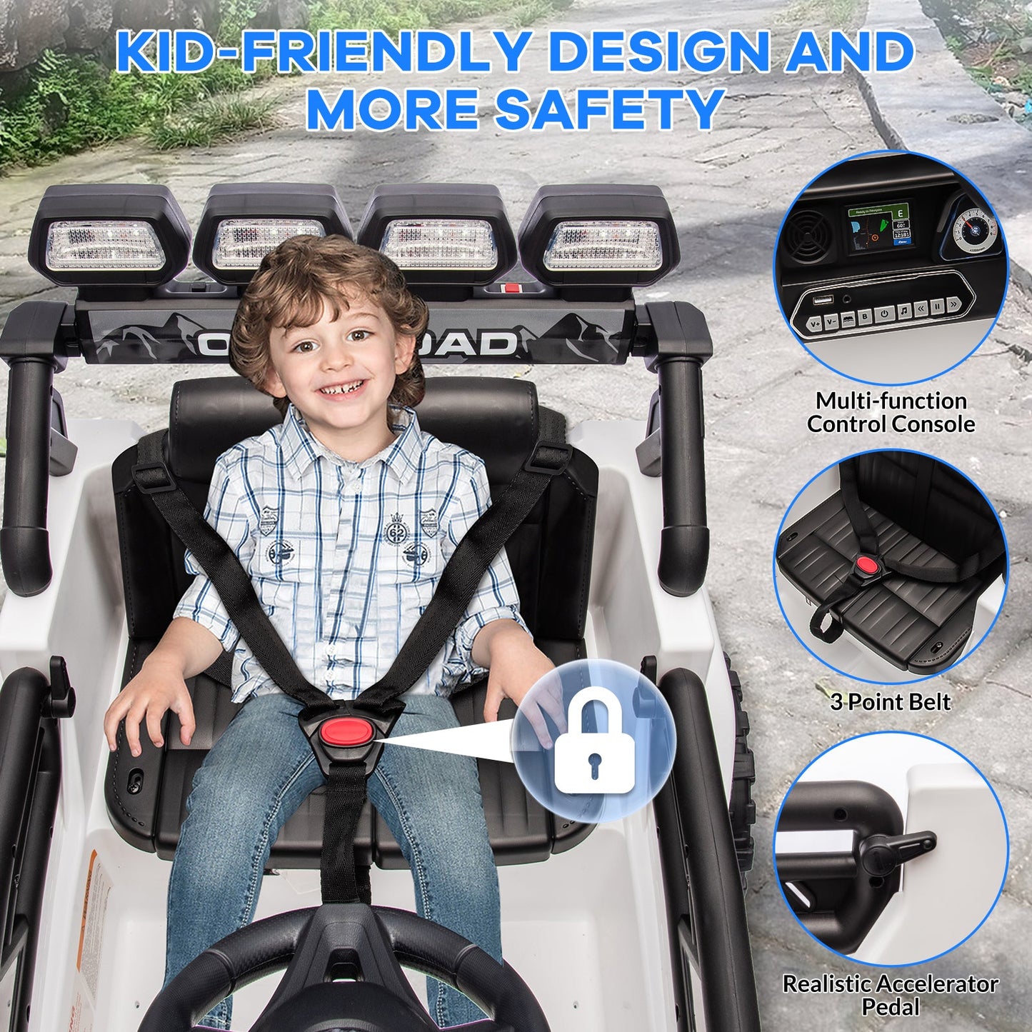 Garvee Ride - P Series: 12VElectric Ride on Truck Car For Kids Age 3+, Remote Control, Twin 25W Motors 3.1MPH Max Speed, Bluetooth USB Music Player, 4 Wheels Suspension LED Lights Safety Belt, Gift for Boy & Girl - White