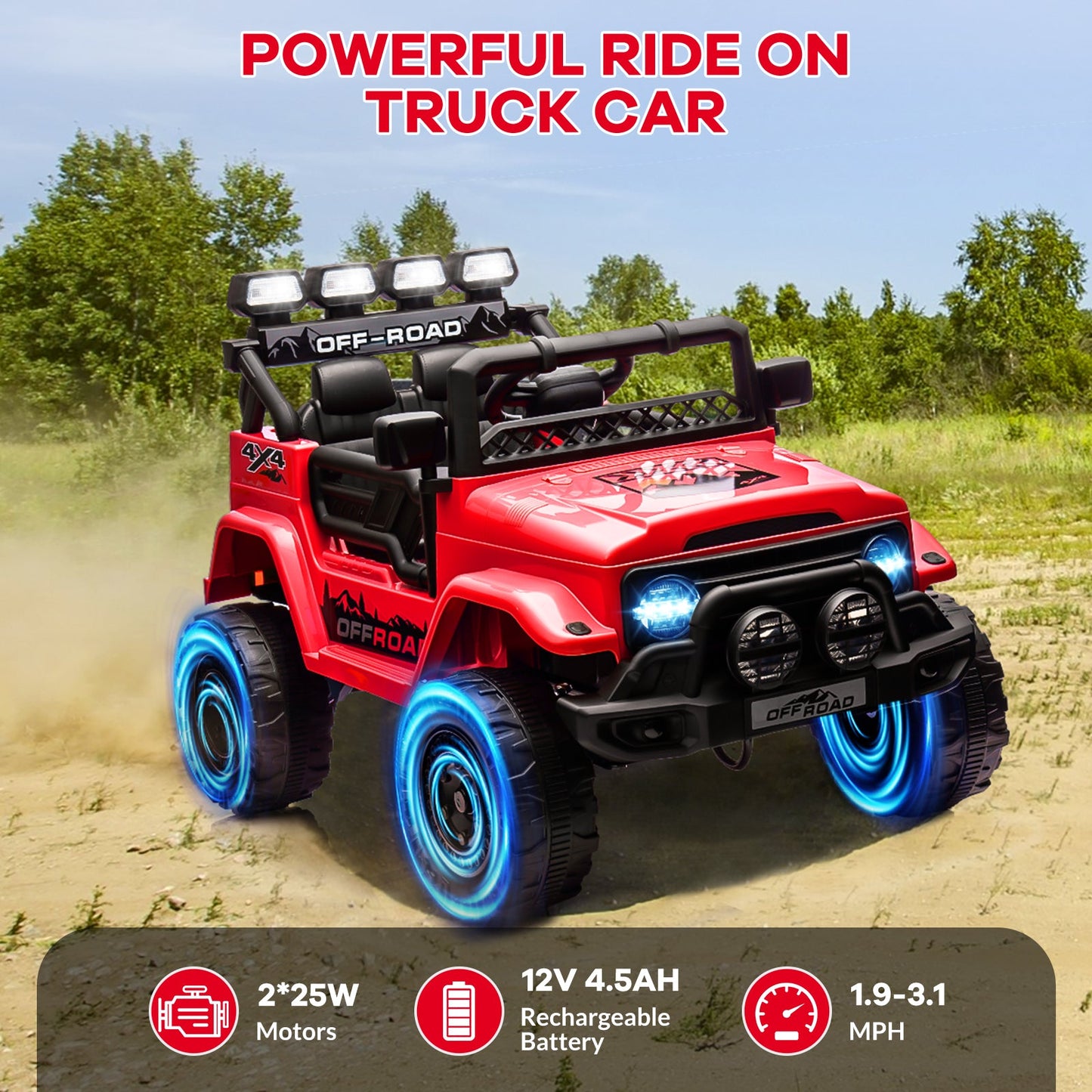 Garvee Ride - P Series: 12V Electric Ride on Truck Car For Kids Age 3+, Remote Control, Twin 25W Motors 3.1MPH Max Speed, Bluetooth USB Music Player, 4 Wheels Suspension LED Lights Safety Belt, Gift for Boy & Girl - Red